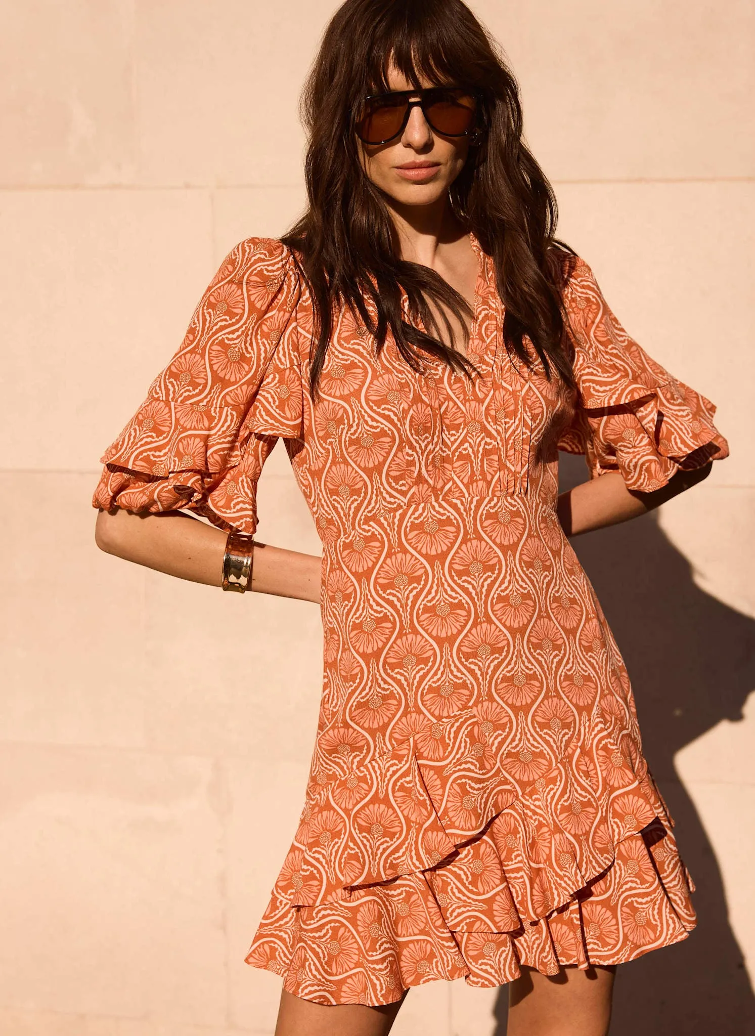 Orange Printed Ruffle Mini Dress sold by Mint Velvet