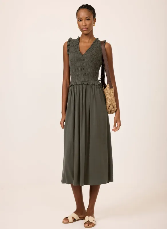 Khaki Shirred Ruffle Midi Dress made by Mint Velvet