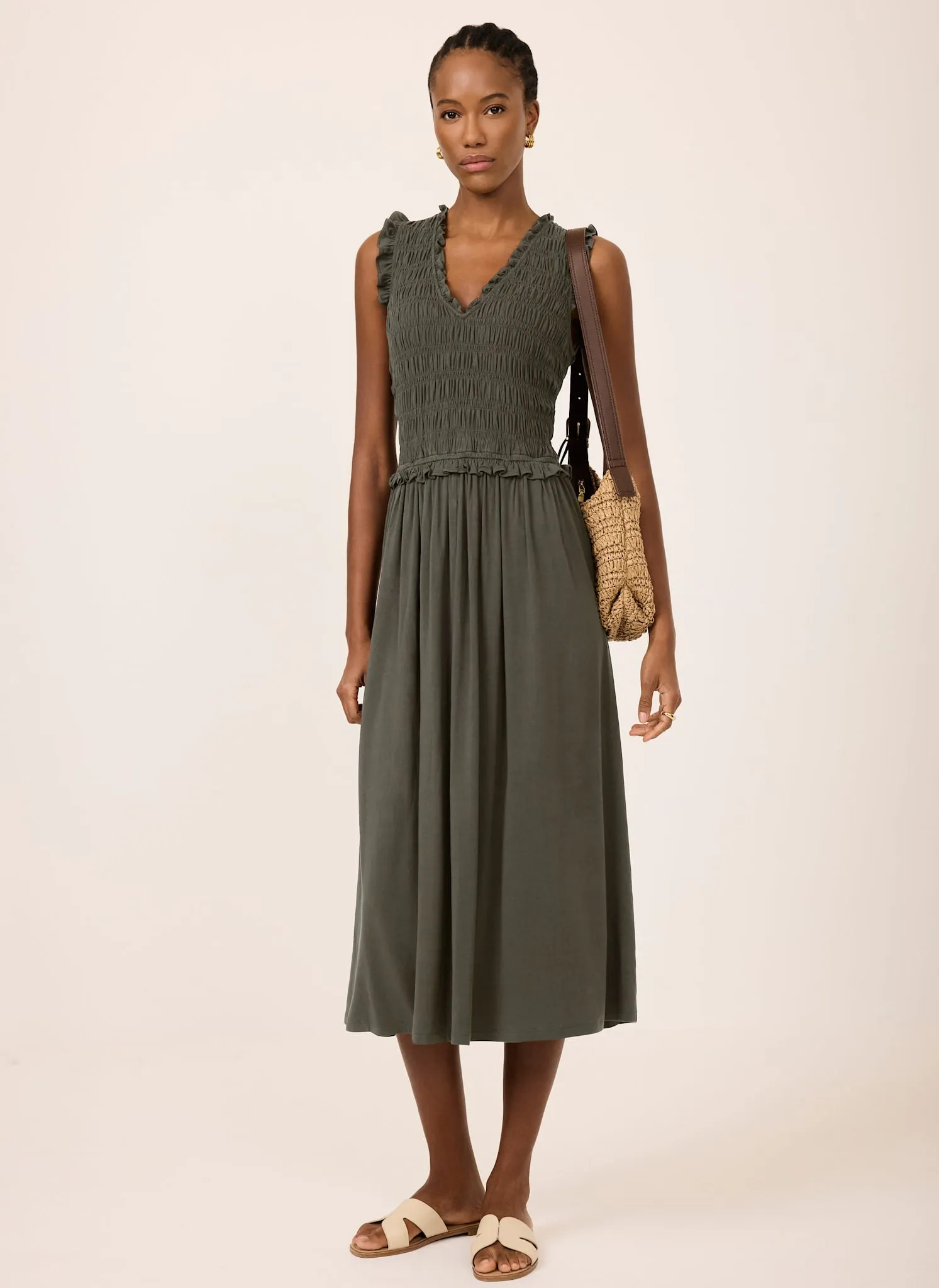 Khaki Shirred Ruffle Midi Dress sold by Mint Velvet