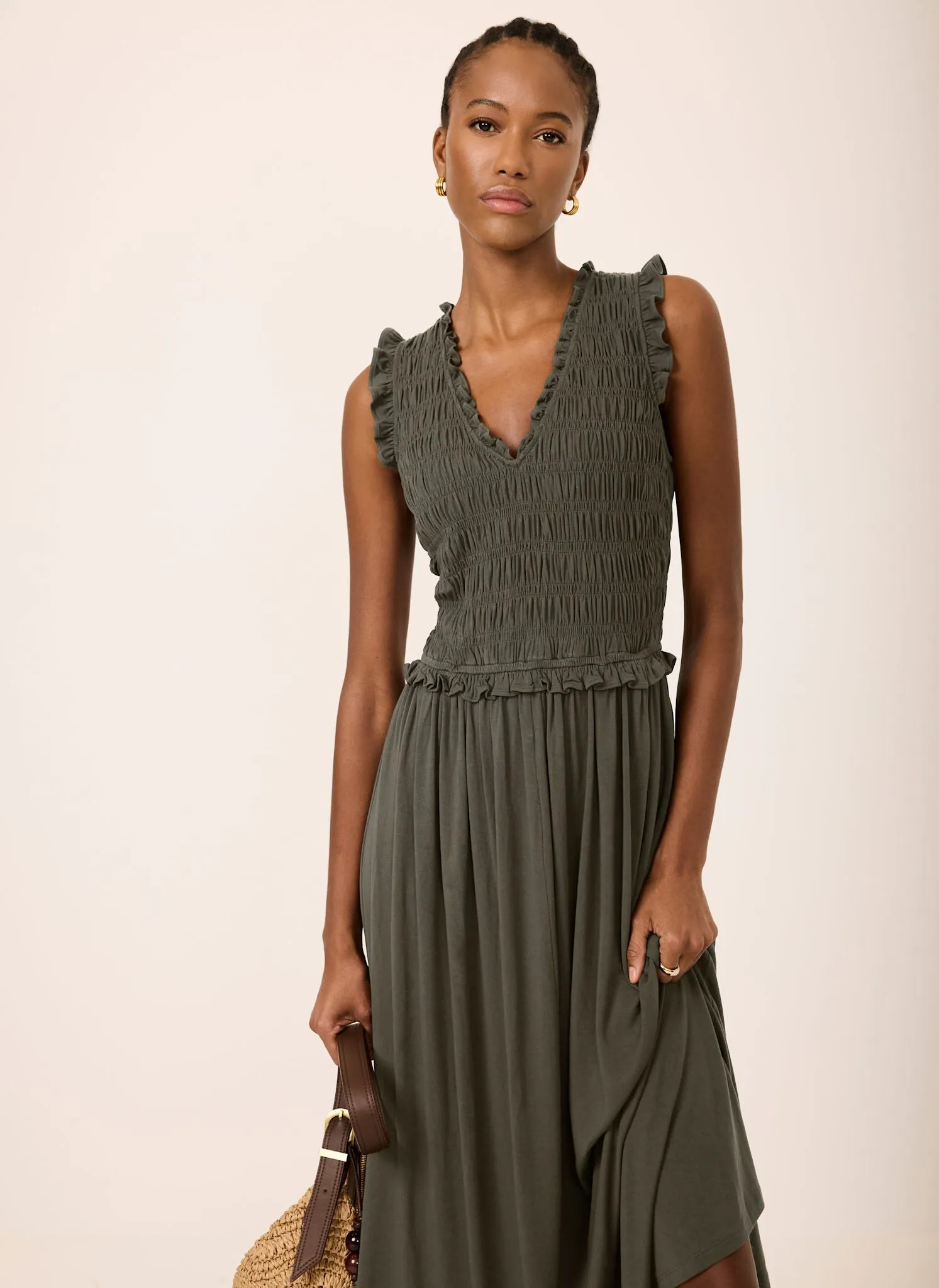 Khaki Shirred Ruffle Midi Dress sold by Mint Velvet product image thumbnail 3