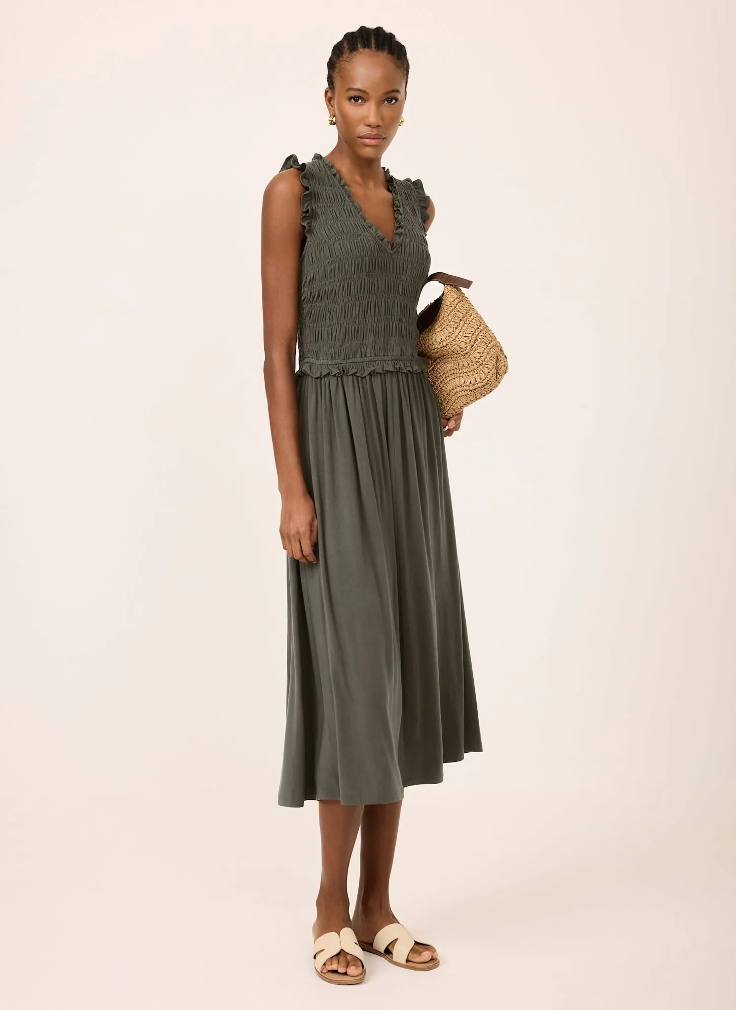 Khaki Shirred Ruffle Midi Dress sold by Mint Velvet product image thumbnail 2