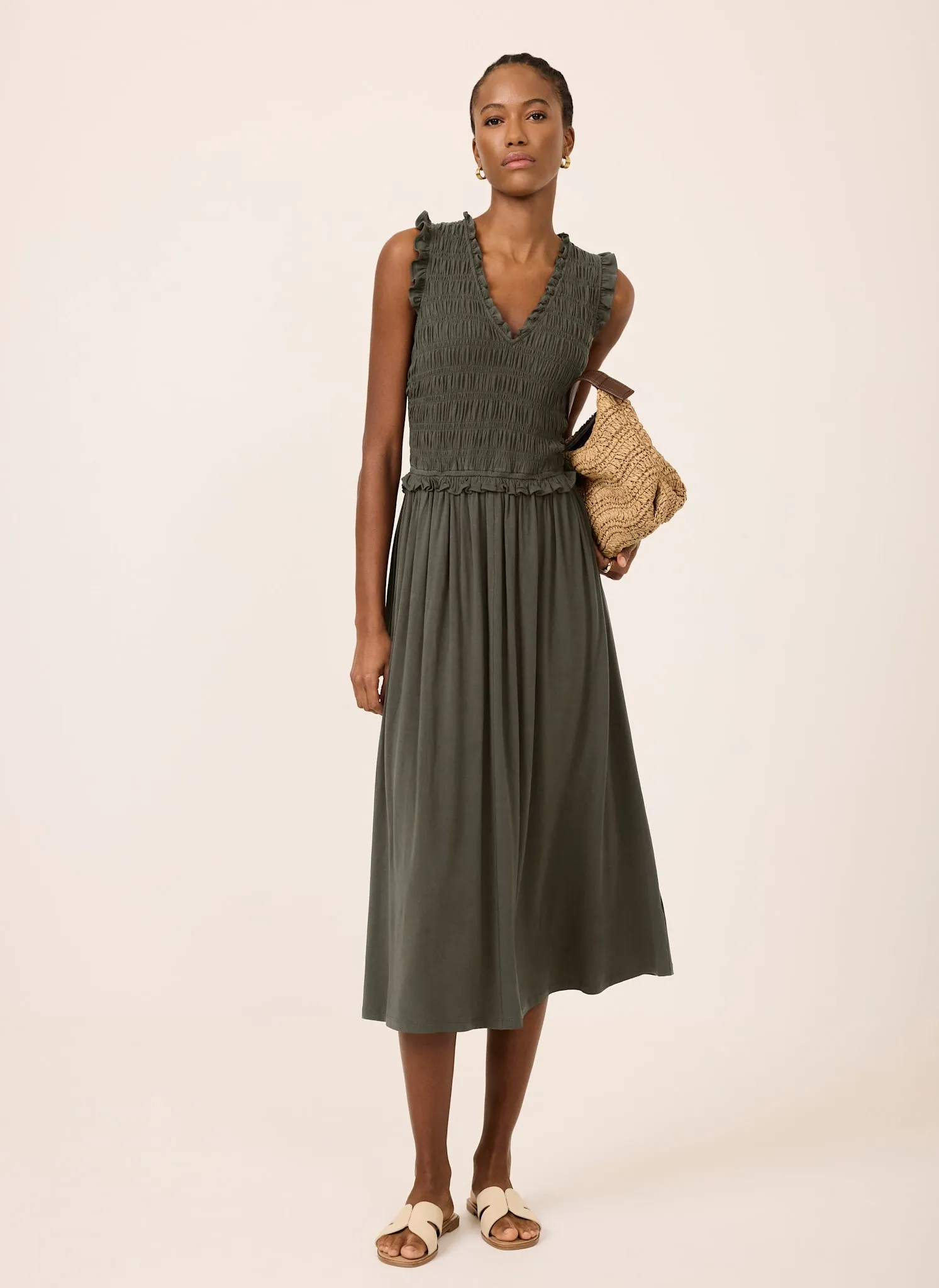 Khaki Shirred Ruffle Midi Dress sold by Mint Velvet product image thumbnail 5