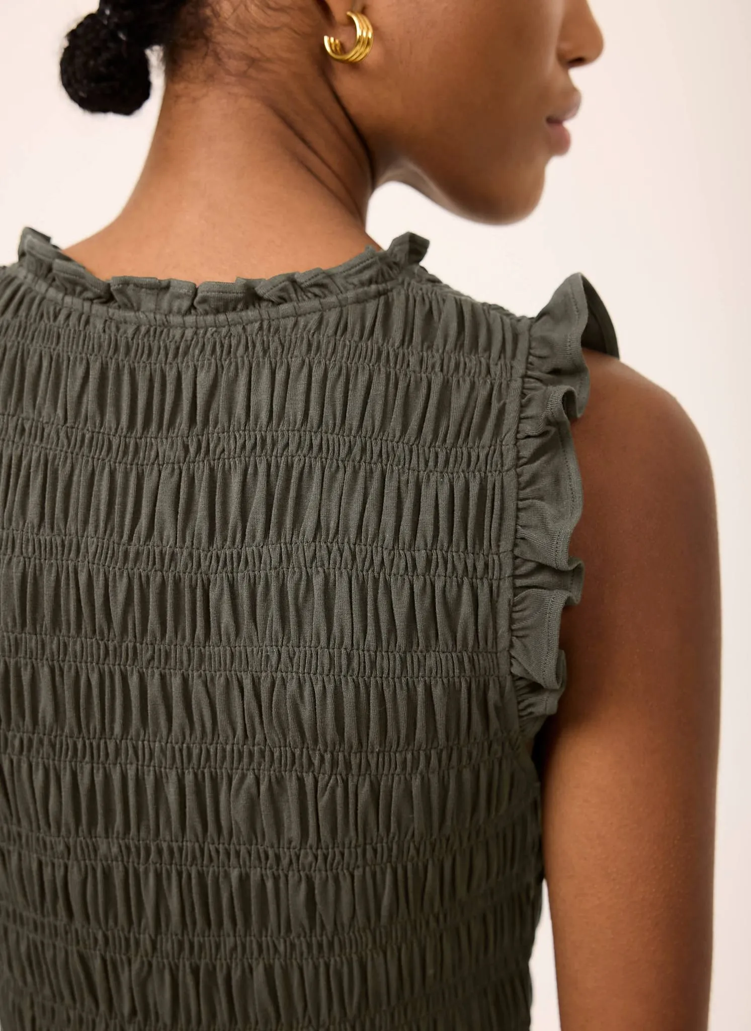 Khaki Shirred Ruffle Midi Dress sold by Mint Velvet product image thumbnail 4