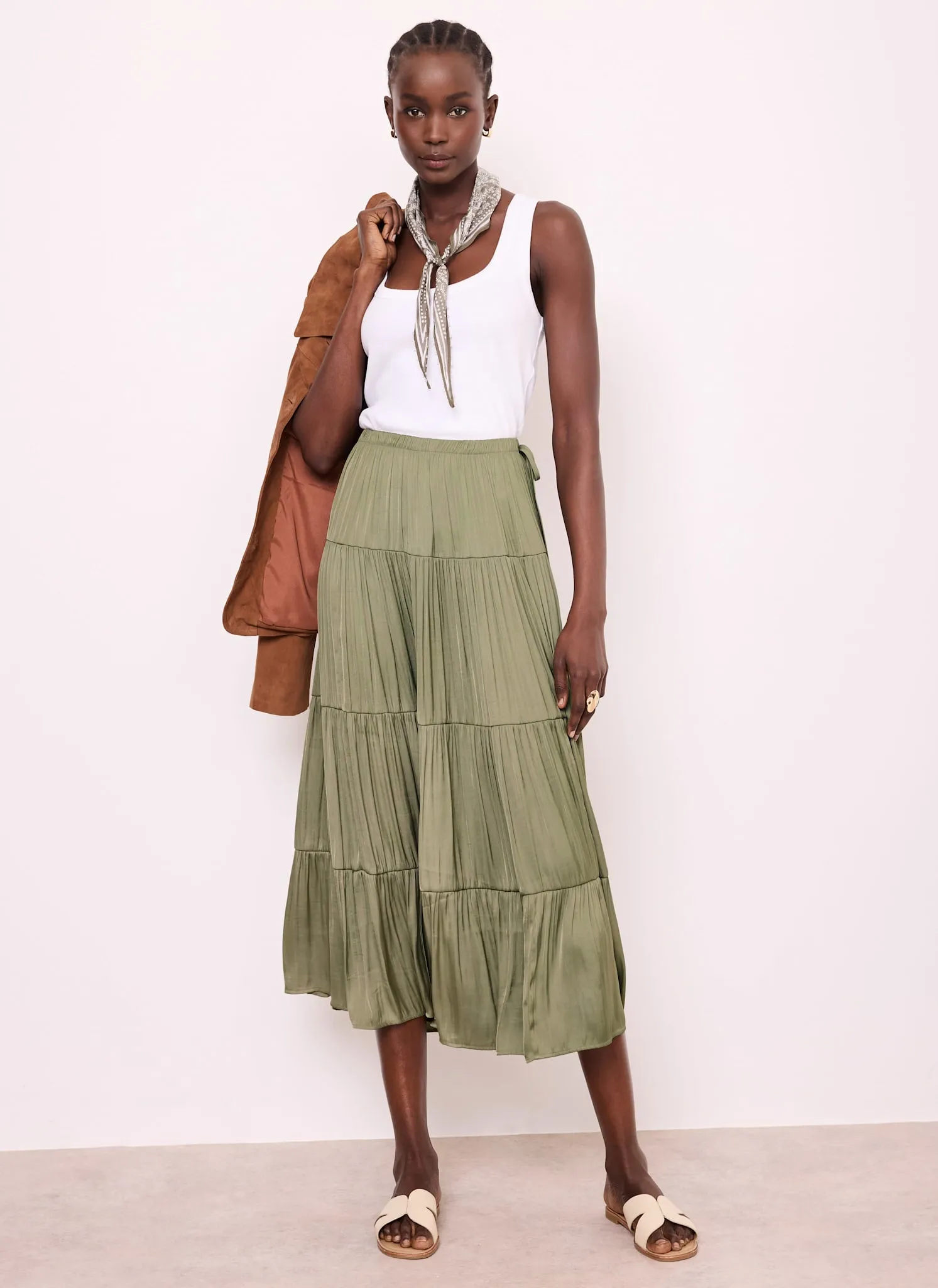 Khaki Satin Tiered Maxi Skirt sold by Mint Velvet product image thumbnail 5