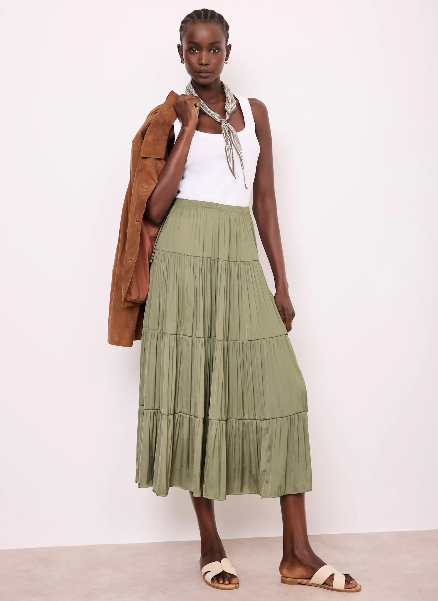 Khaki Satin Tiered Maxi Skirt sold by Mint Velvet product image thumbnail 3