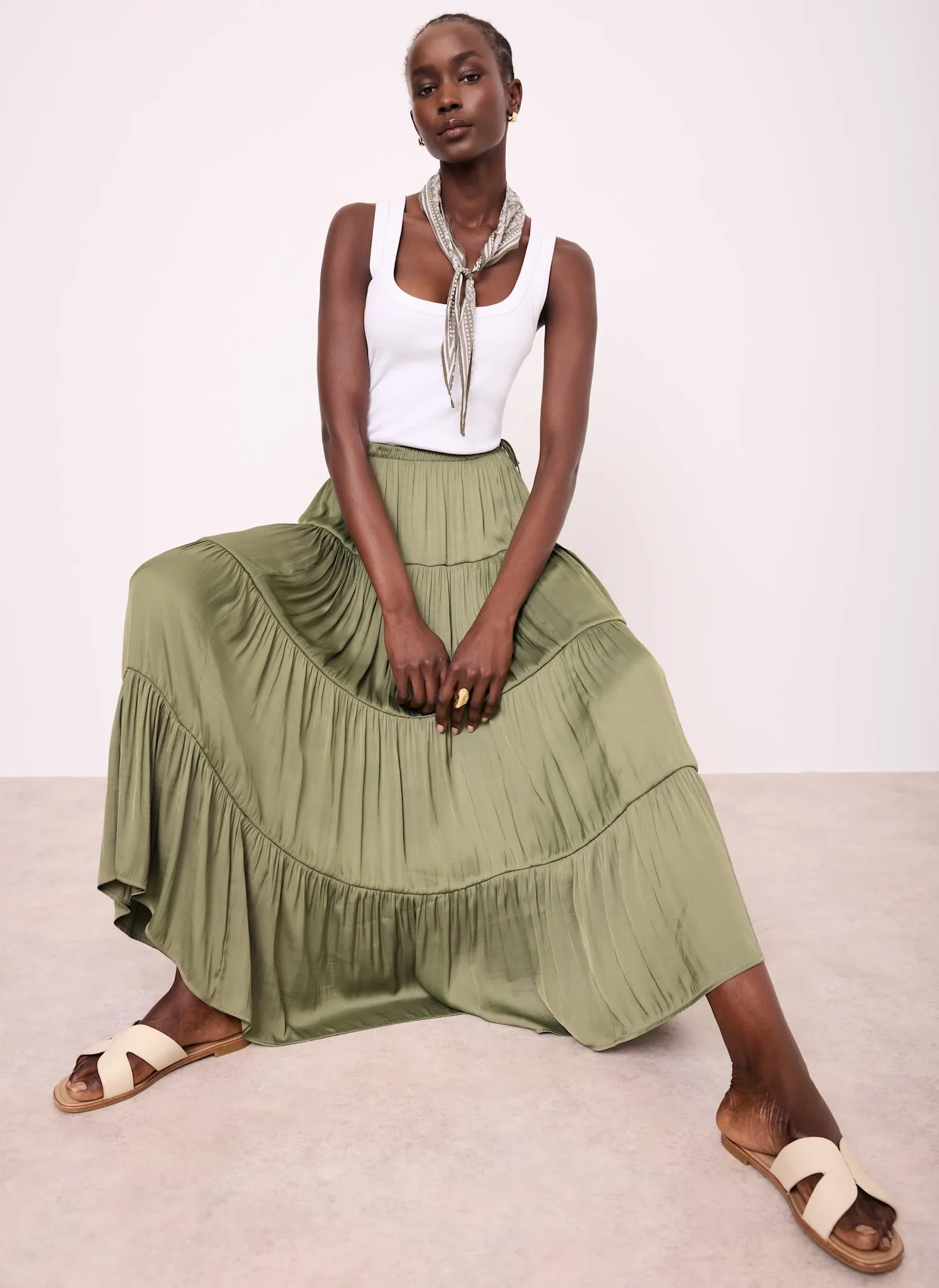 Khaki Satin Tiered Maxi Skirt sold by Mint Velvet