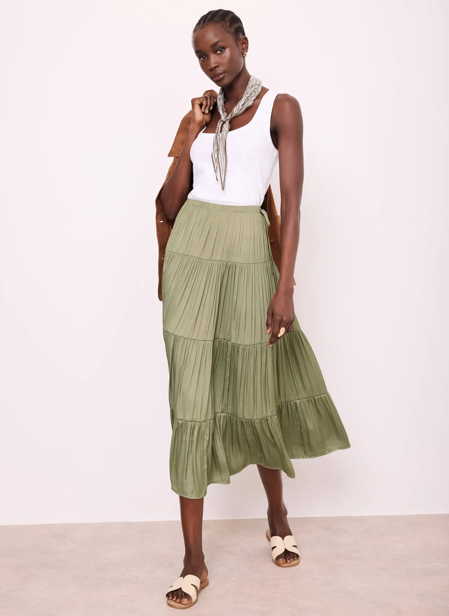 Khaki Satin Tiered Maxi Skirt sold by Mint Velvet product image thumbnail 2