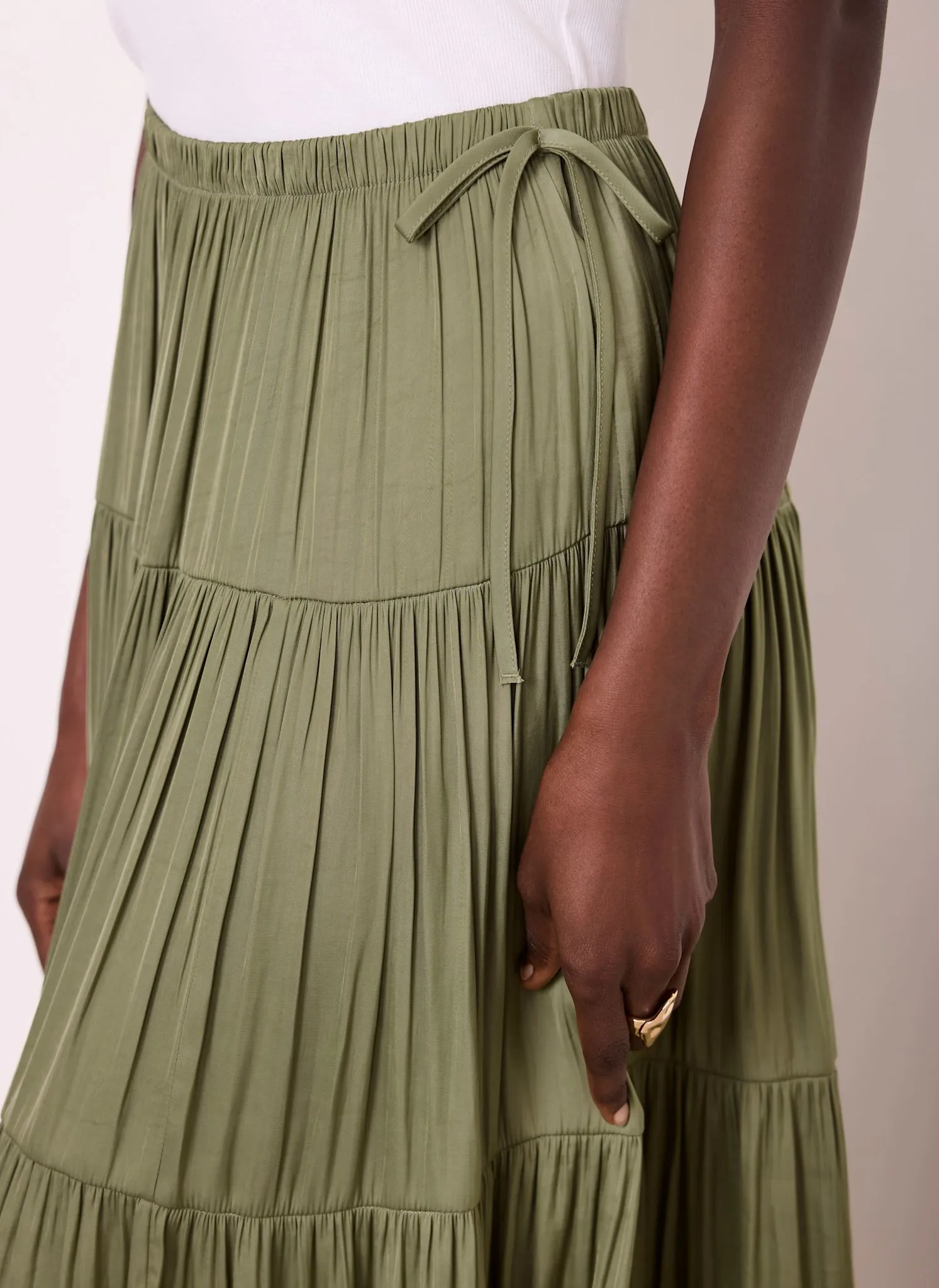 Khaki Satin Tiered Maxi Skirt sold by Mint Velvet product image thumbnail 4