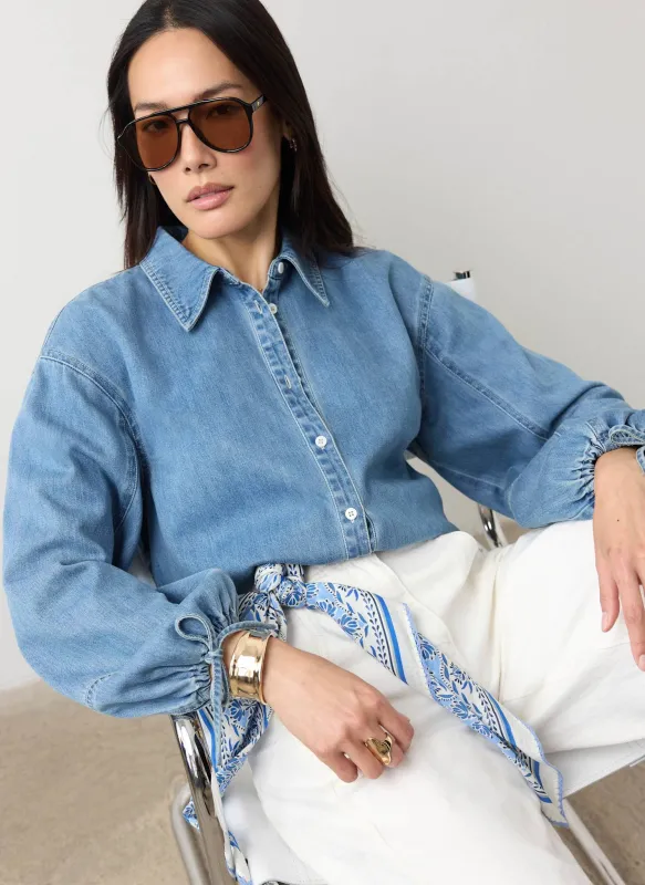 Mid Indigo Denim Blouson Sleeve Shirt made by Mint Velvet