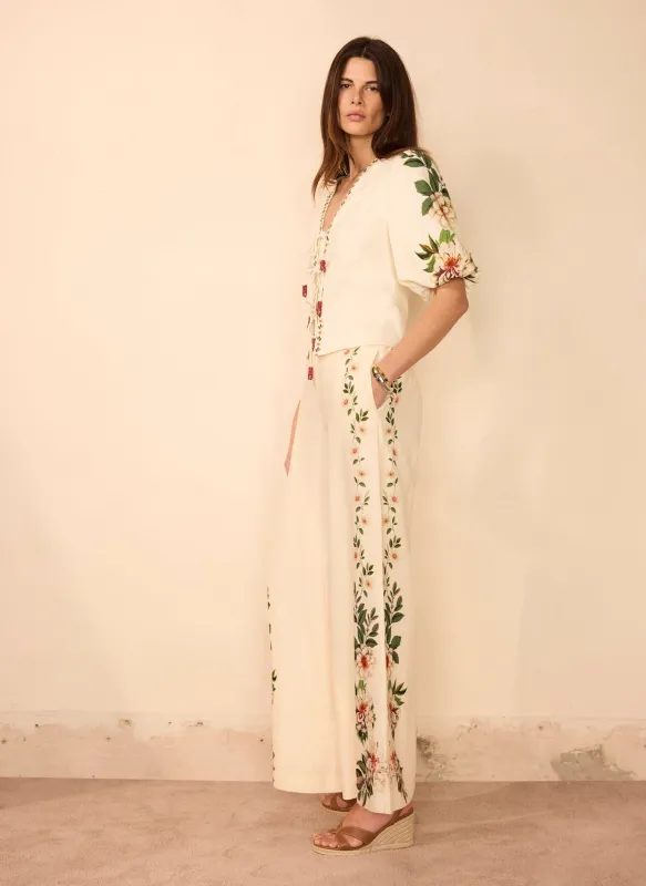 Cream Linen Blend Floral Print Wide Trousers made by Mint Velvet