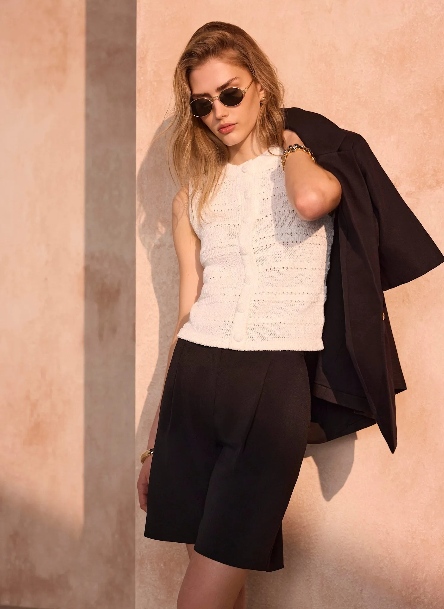 White Cotton Blend Button Detail Knit Top sold by Mint Velvet