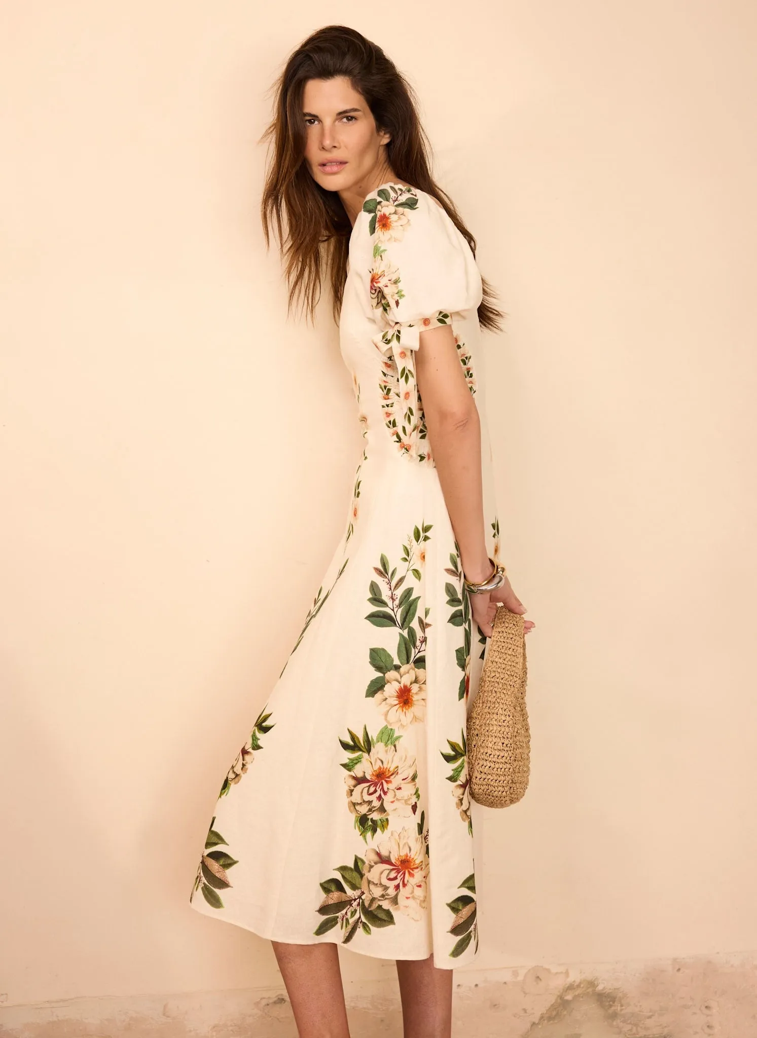 Cream Linen Blend Floral Print Midi Dress sold by Mint Velvet