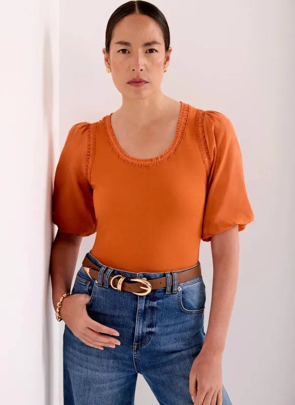 Orange Cotton Puff Sleeve Top made by Mint Velvet