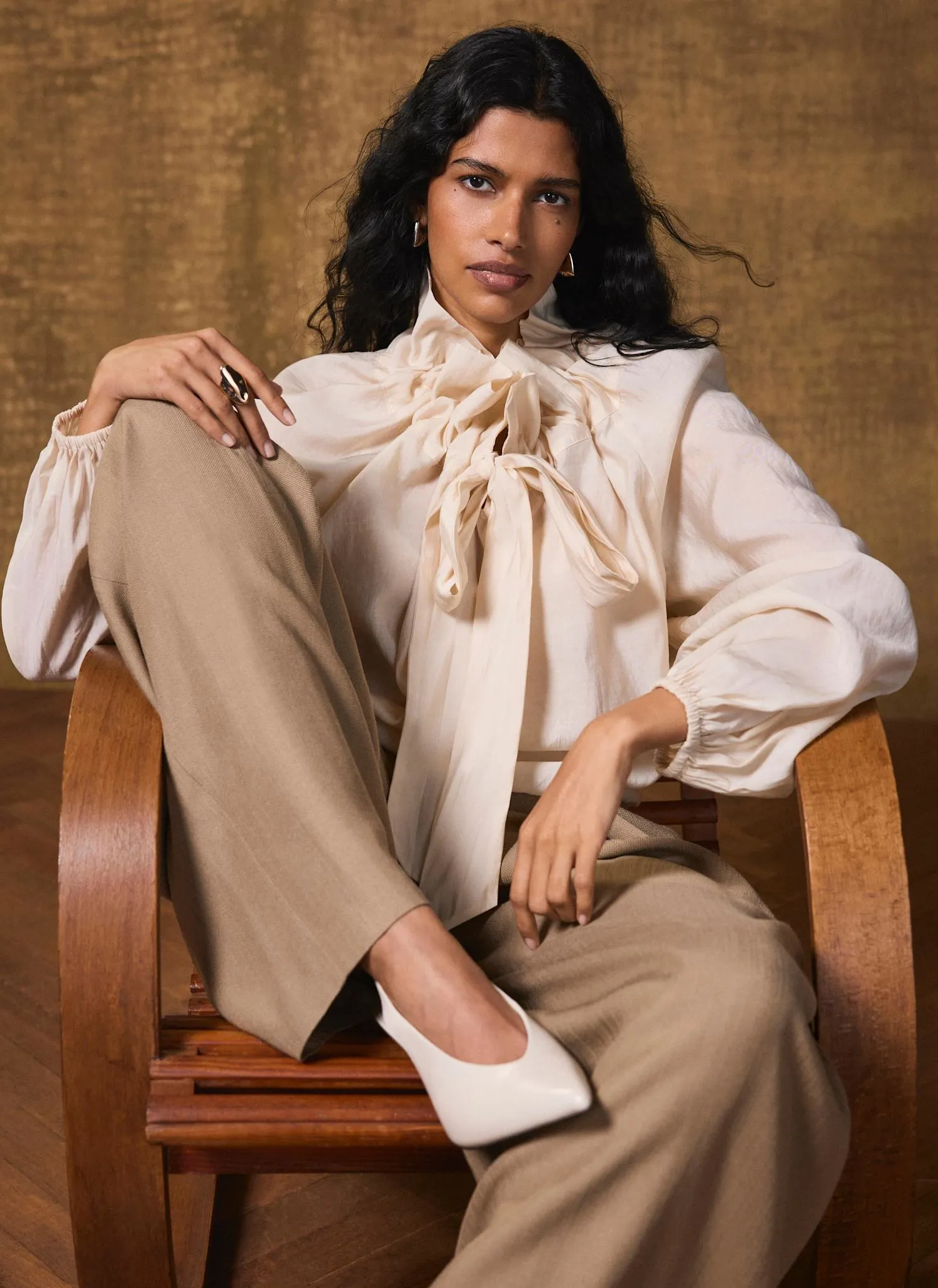 Cream Blouson Tie Neck Blouse sold by Mint Velvet