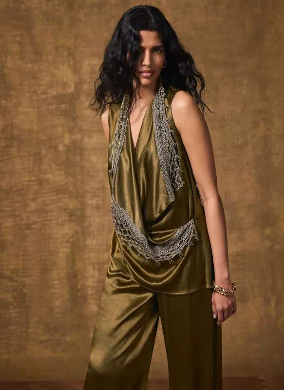 Khaki Crochet Trim Satin Wrap Top made by Mint Velvet