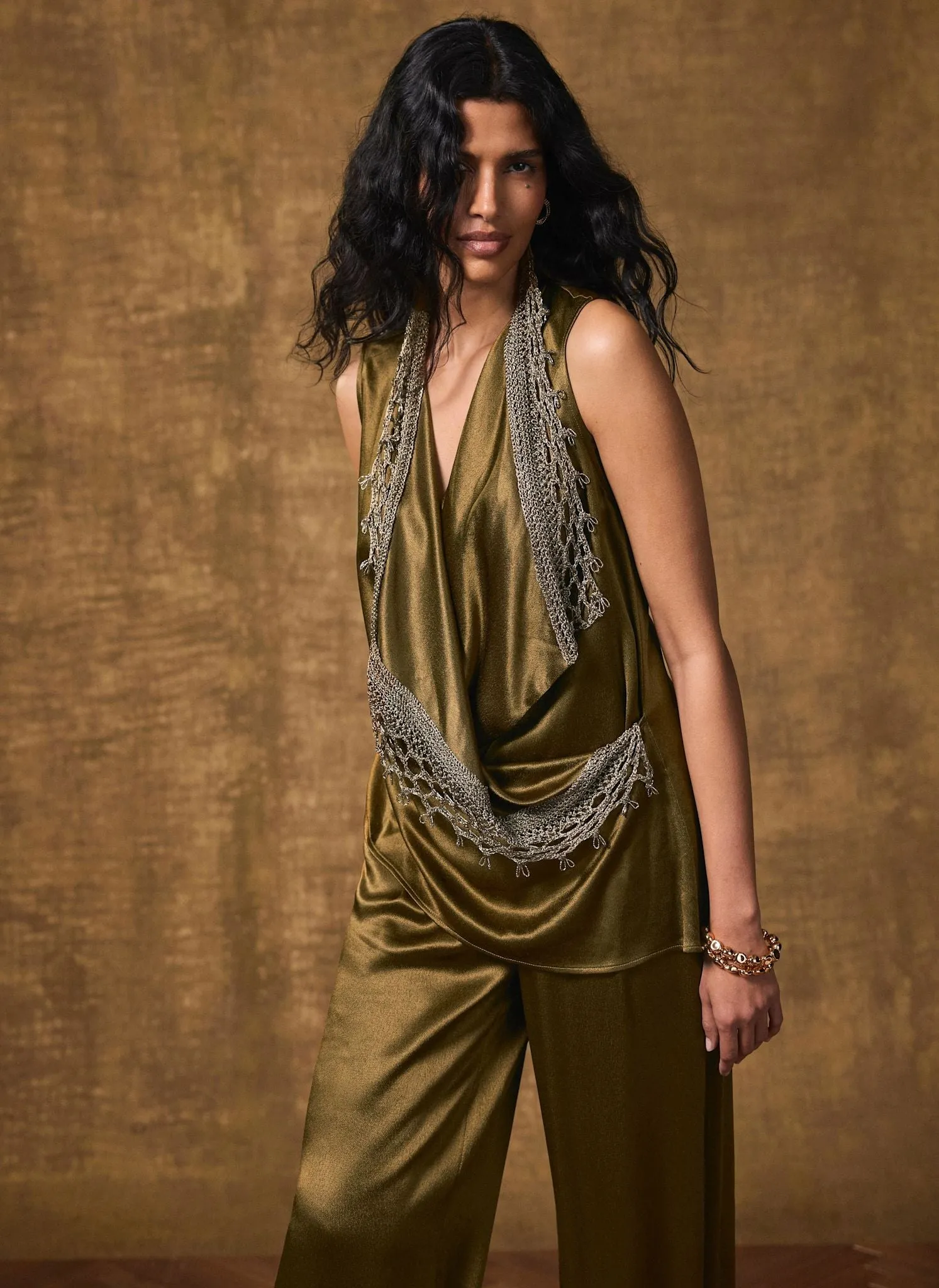 Khaki Crochet Trim Satin Wrap Top sold by Mint Velvet