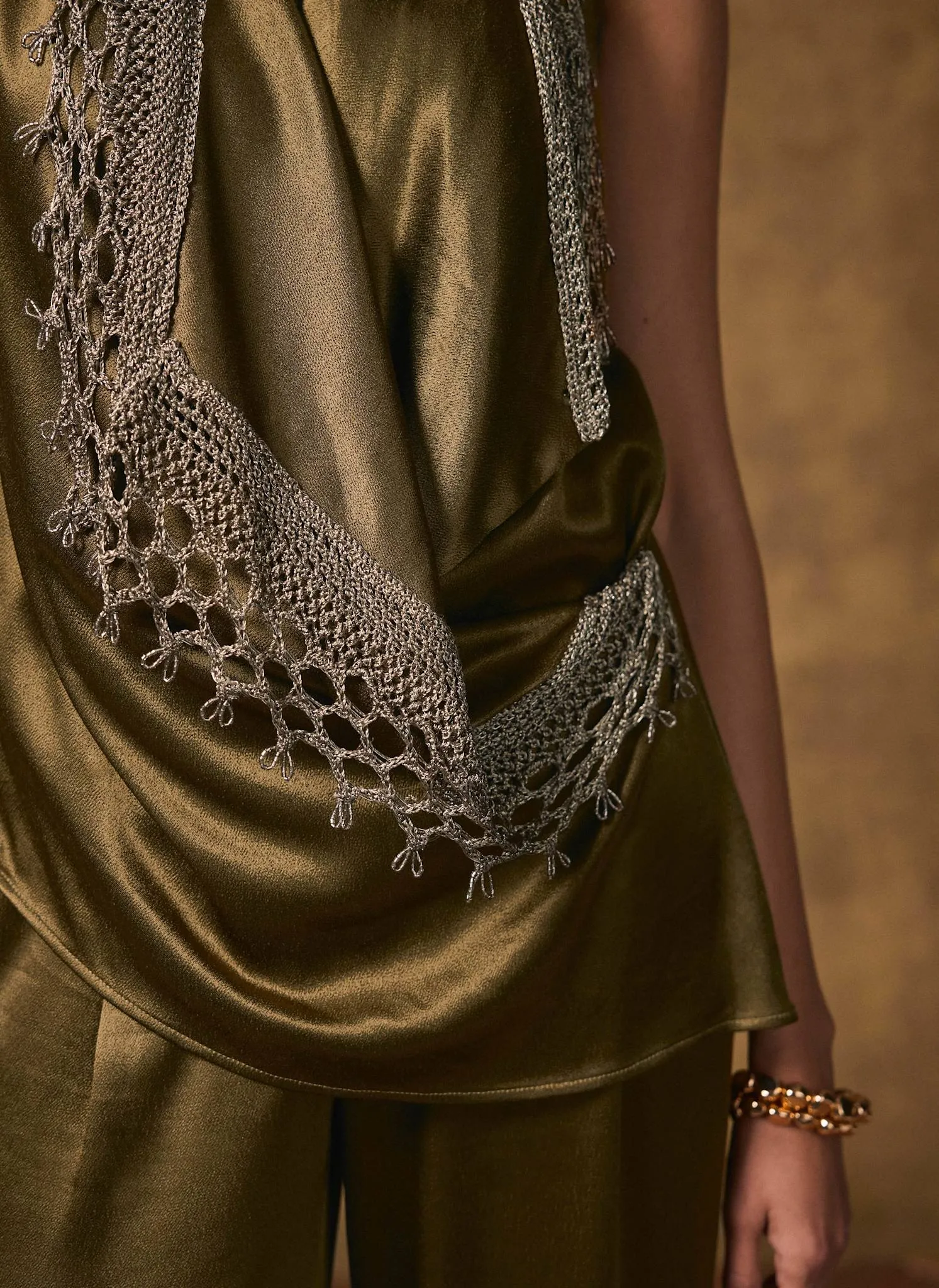 Khaki Crochet Trim Satin Wrap Top sold by Mint Velvet product image thumbnail 5