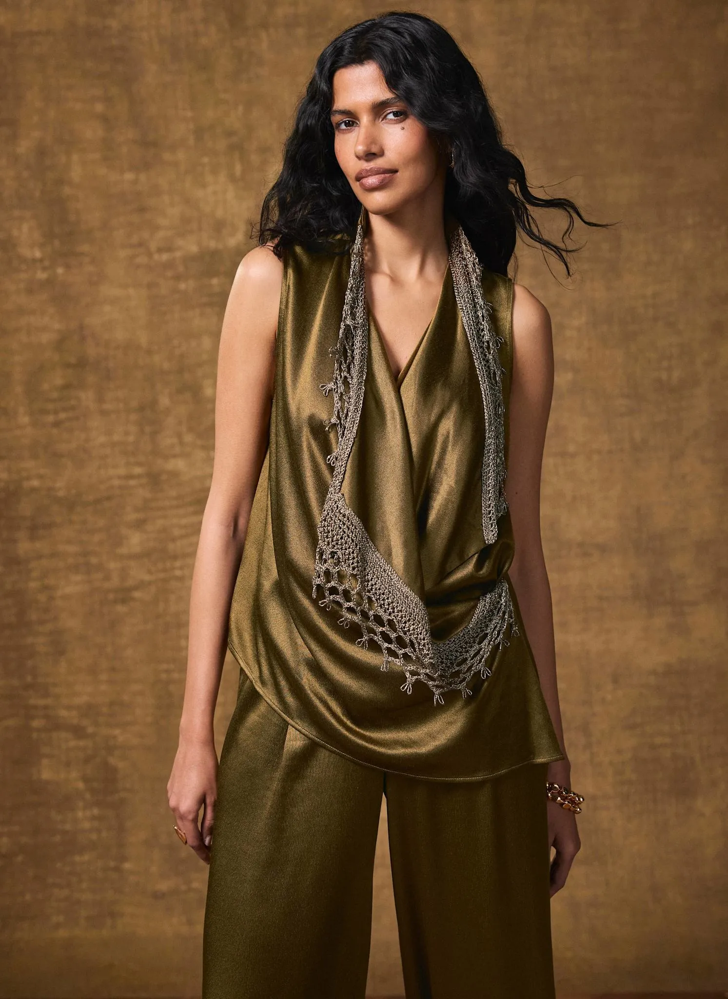 Khaki Crochet Trim Satin Wrap Top sold by Mint Velvet product image thumbnail 3