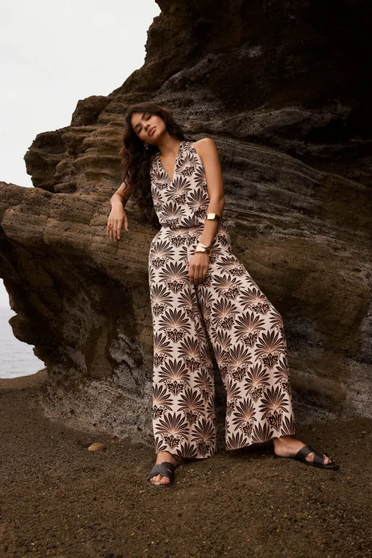 Neutral Satin Geo Print Wide Leg Trousers made by Mint Velvet