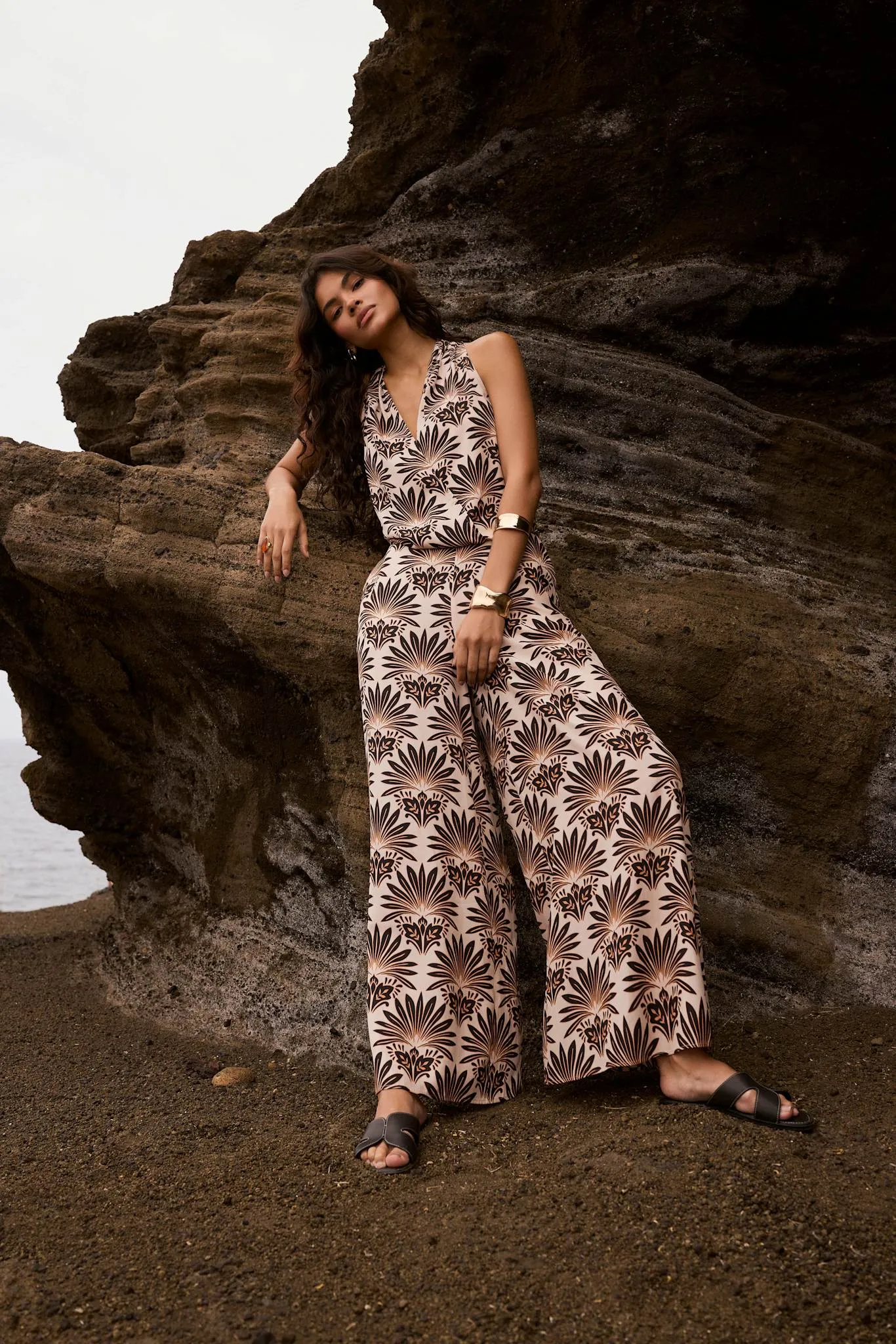 Neutral Satin Geo Print Wide Leg Trousers sold by Mint Velvet