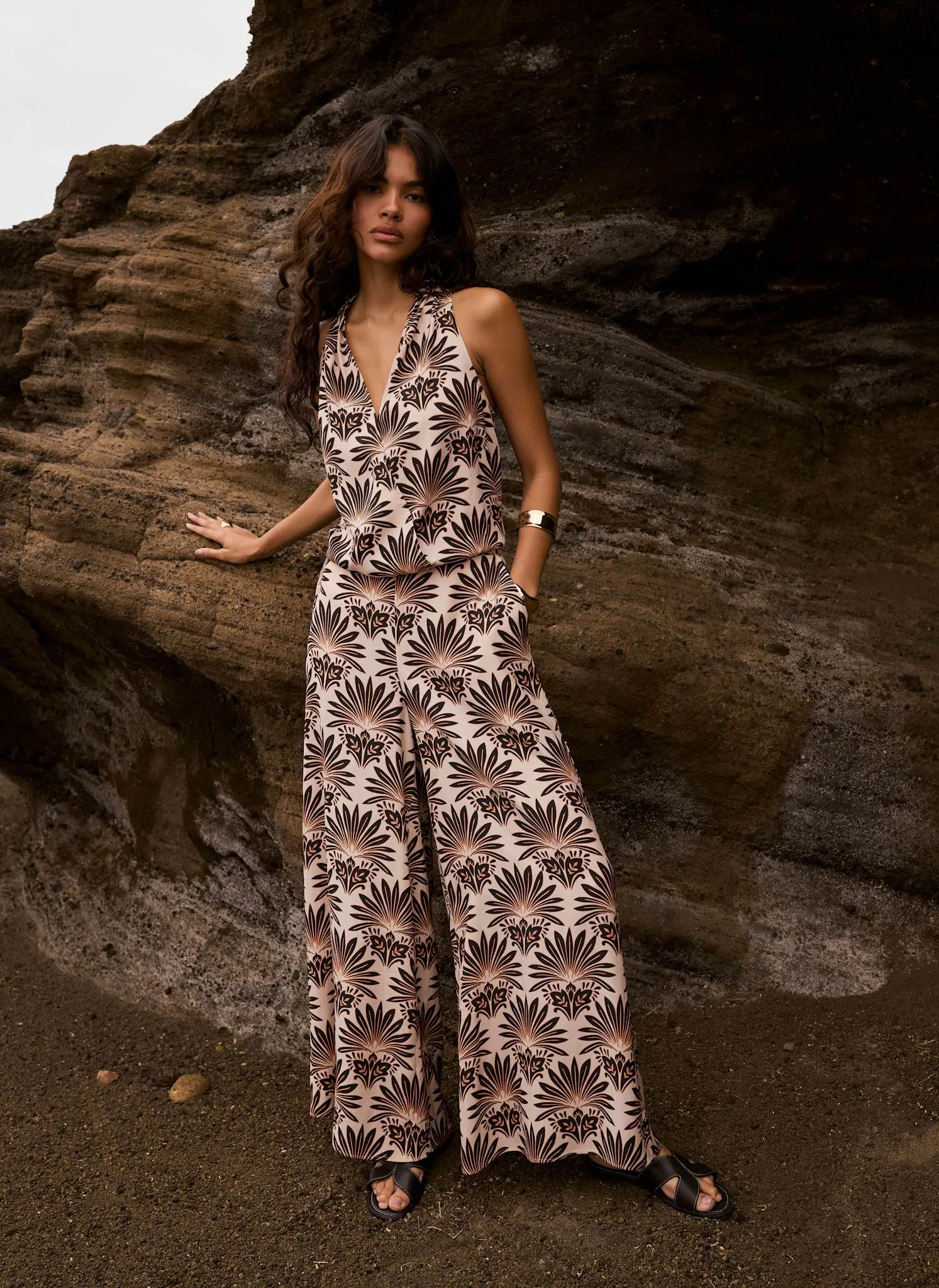 Neutral Satin Geo Print Wide Leg Trousers sold by Mint Velvet product image thumbnail 2