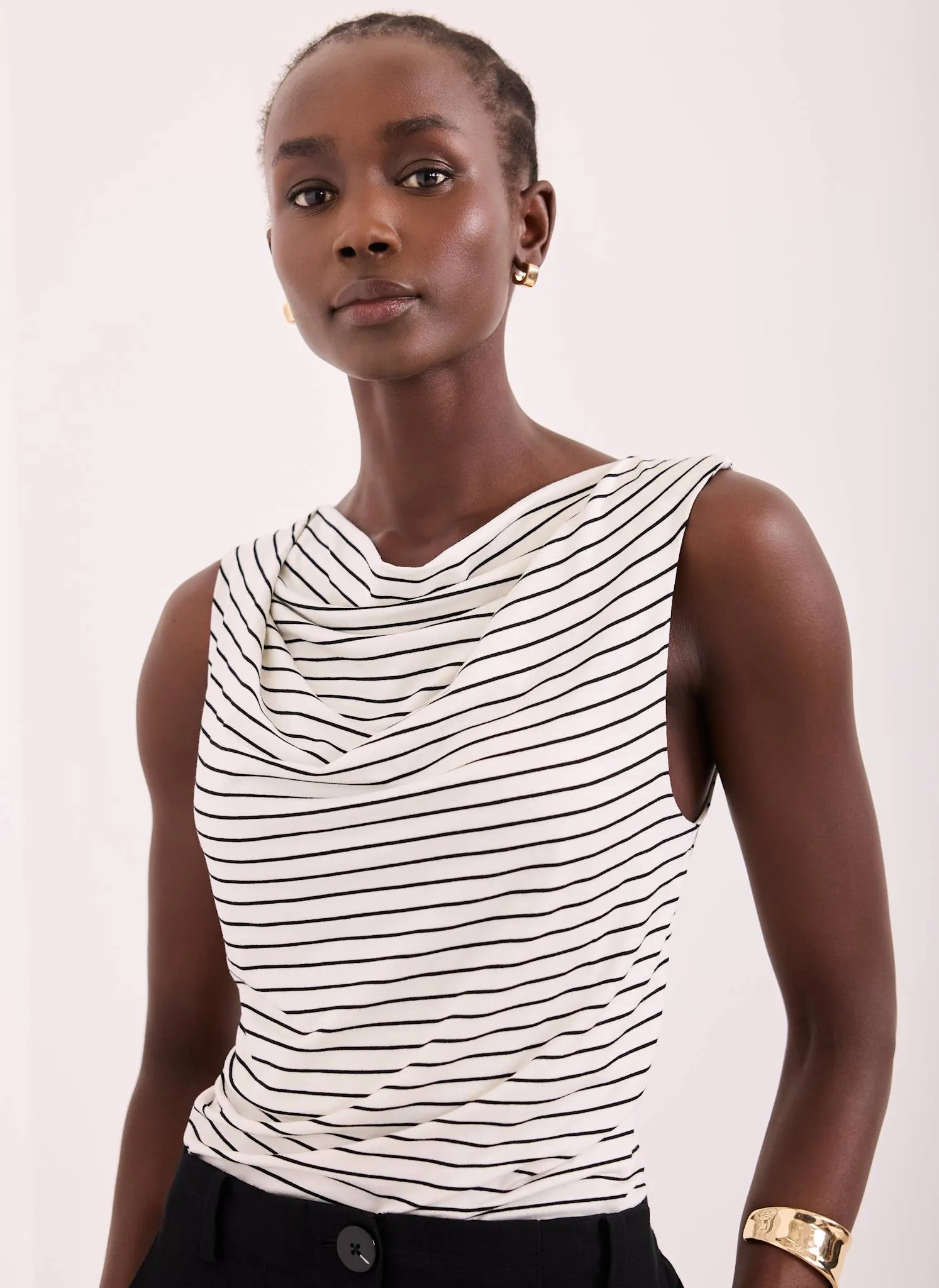 White & Black Stripe Cowl Neck Top sold by Mint Velvet
