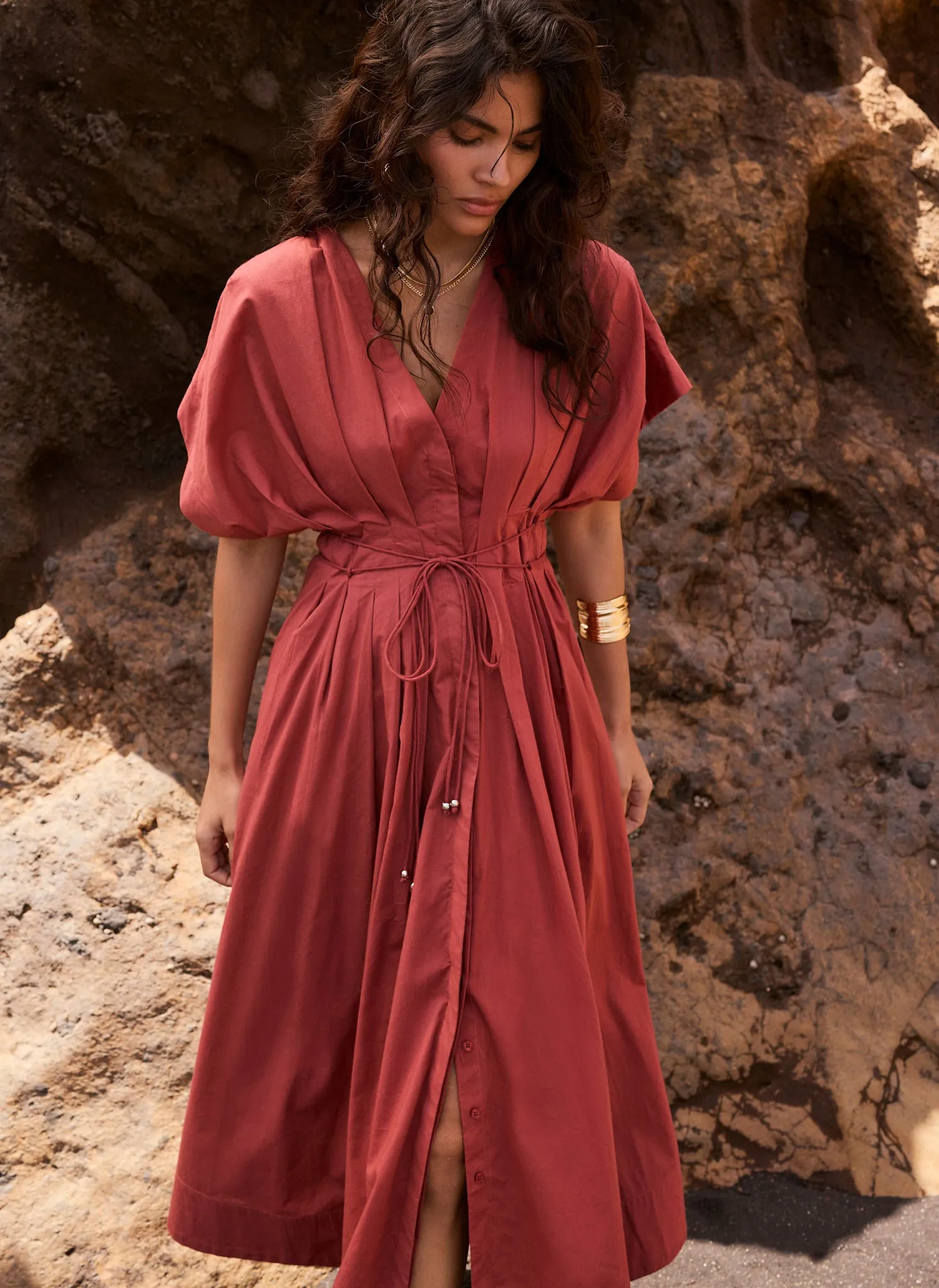 Rust Red Cotton Tie Waist Midi Dress sold by Mint Velvet