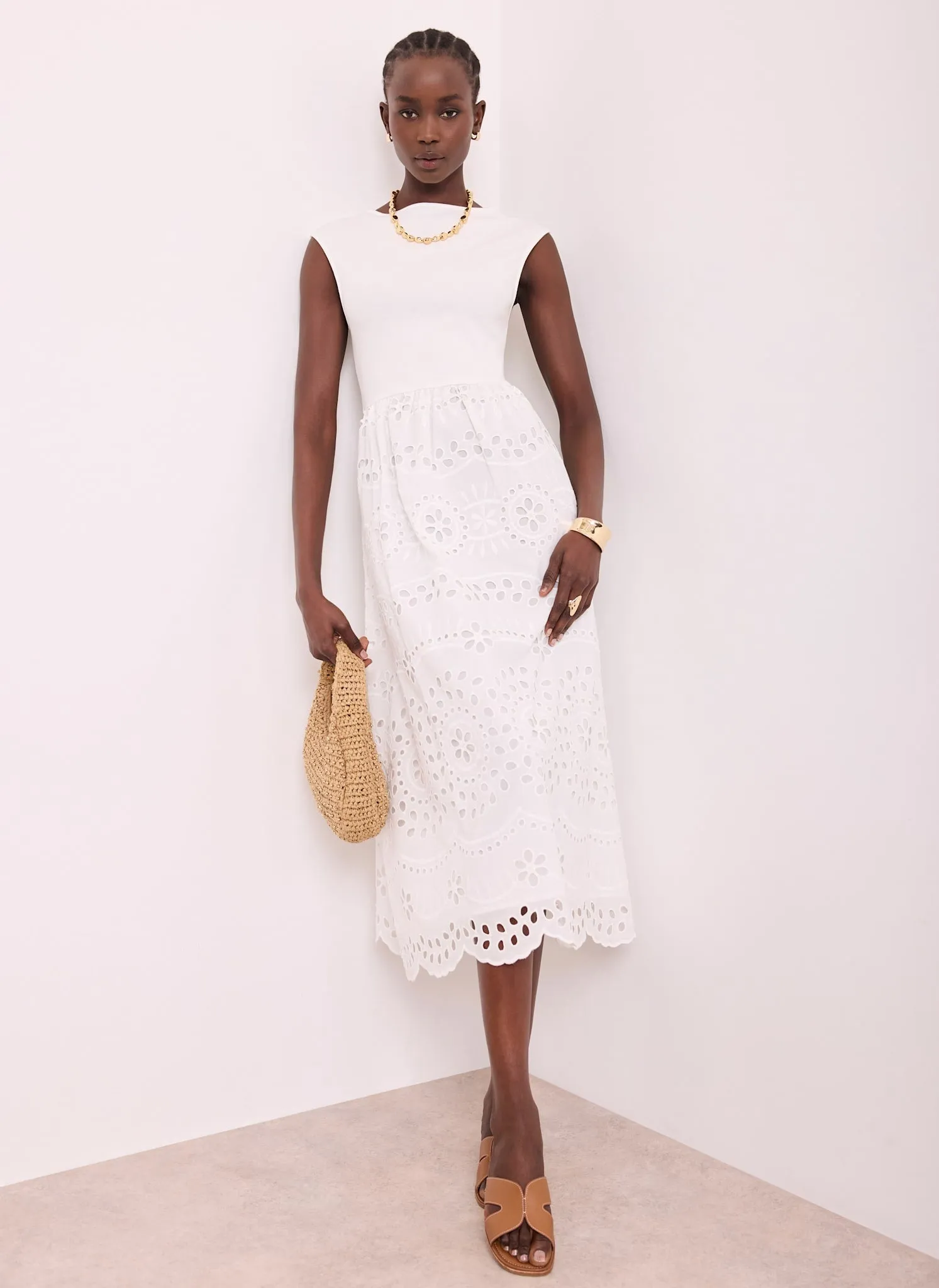 White Jersey Broderie Midi Dress sold by Mint Velvet