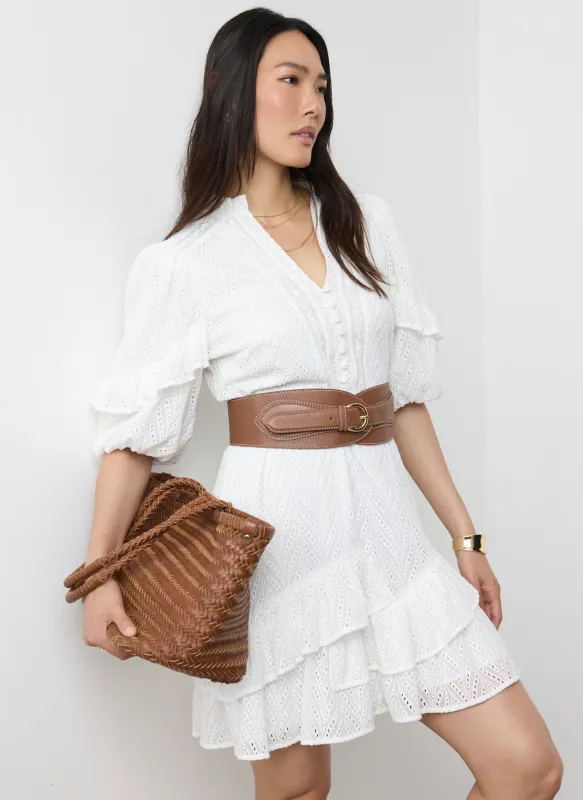 White Broderie Ruffle Detail Mini Dress made by Mint Velvet