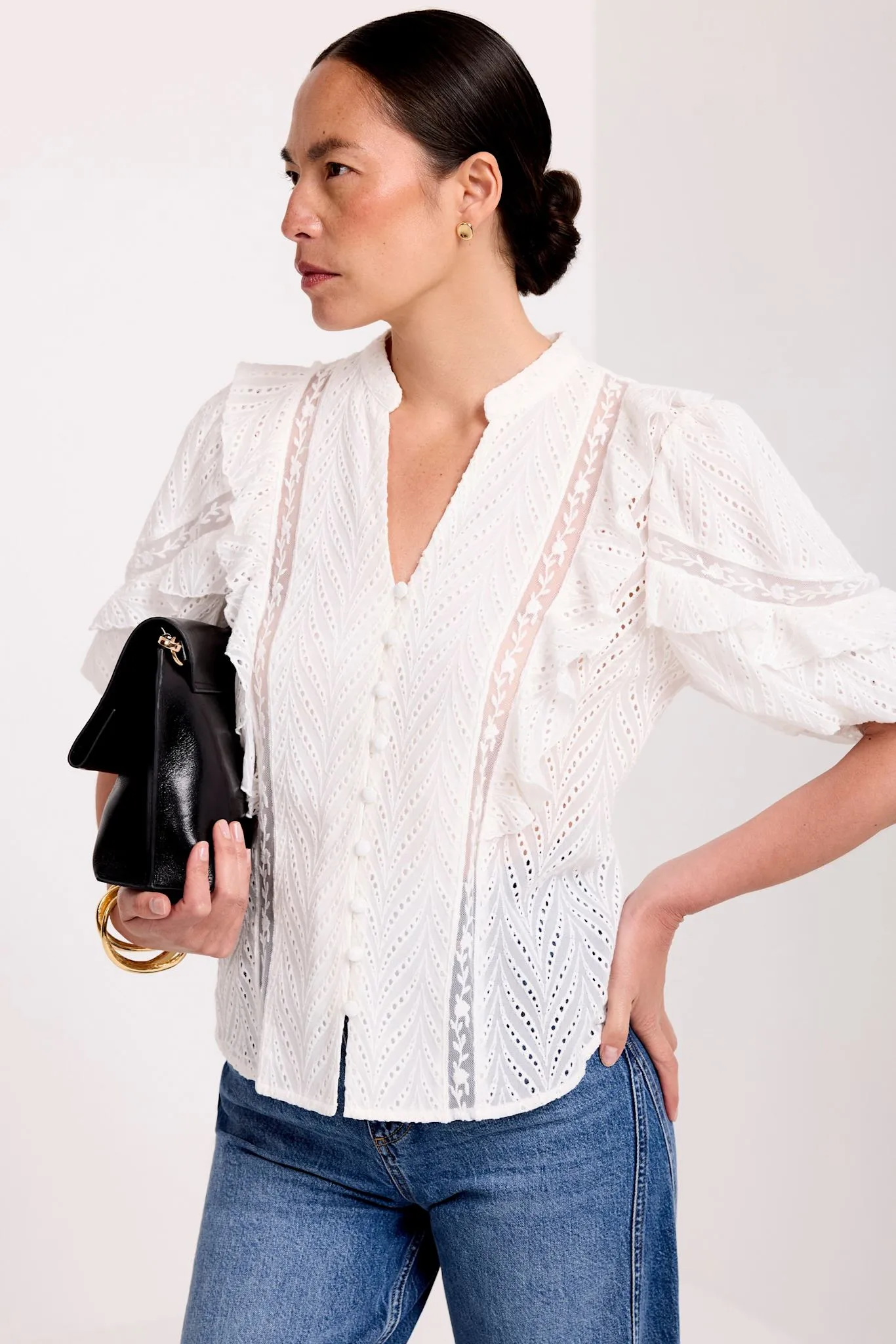 White Ruffle Puff Sleeve Blouse sold by Mint Velvet
