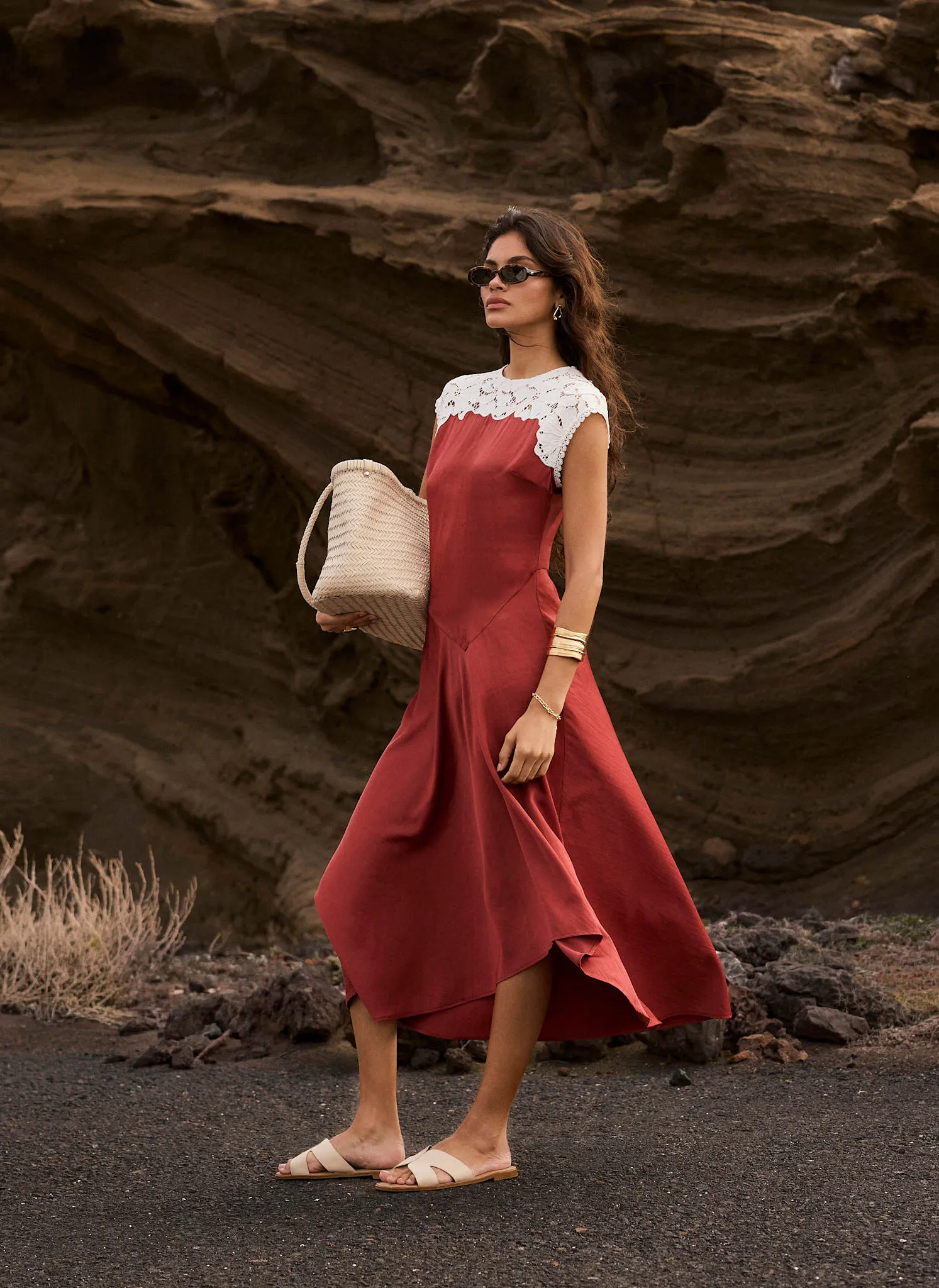 Rust Red Lace Detail Midi Dress sold by Mint Velvet