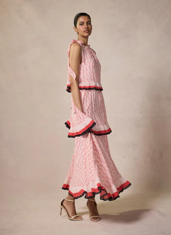 Pink Printed Tiered Midaxi Dress made by Mint Velvet