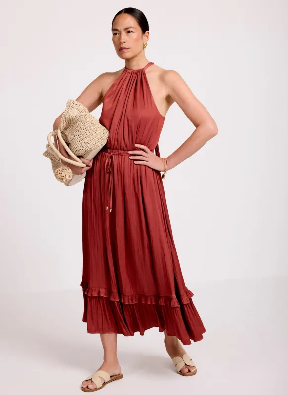 Rust Red Satin Halter Midi Dress made by Mint Velvet