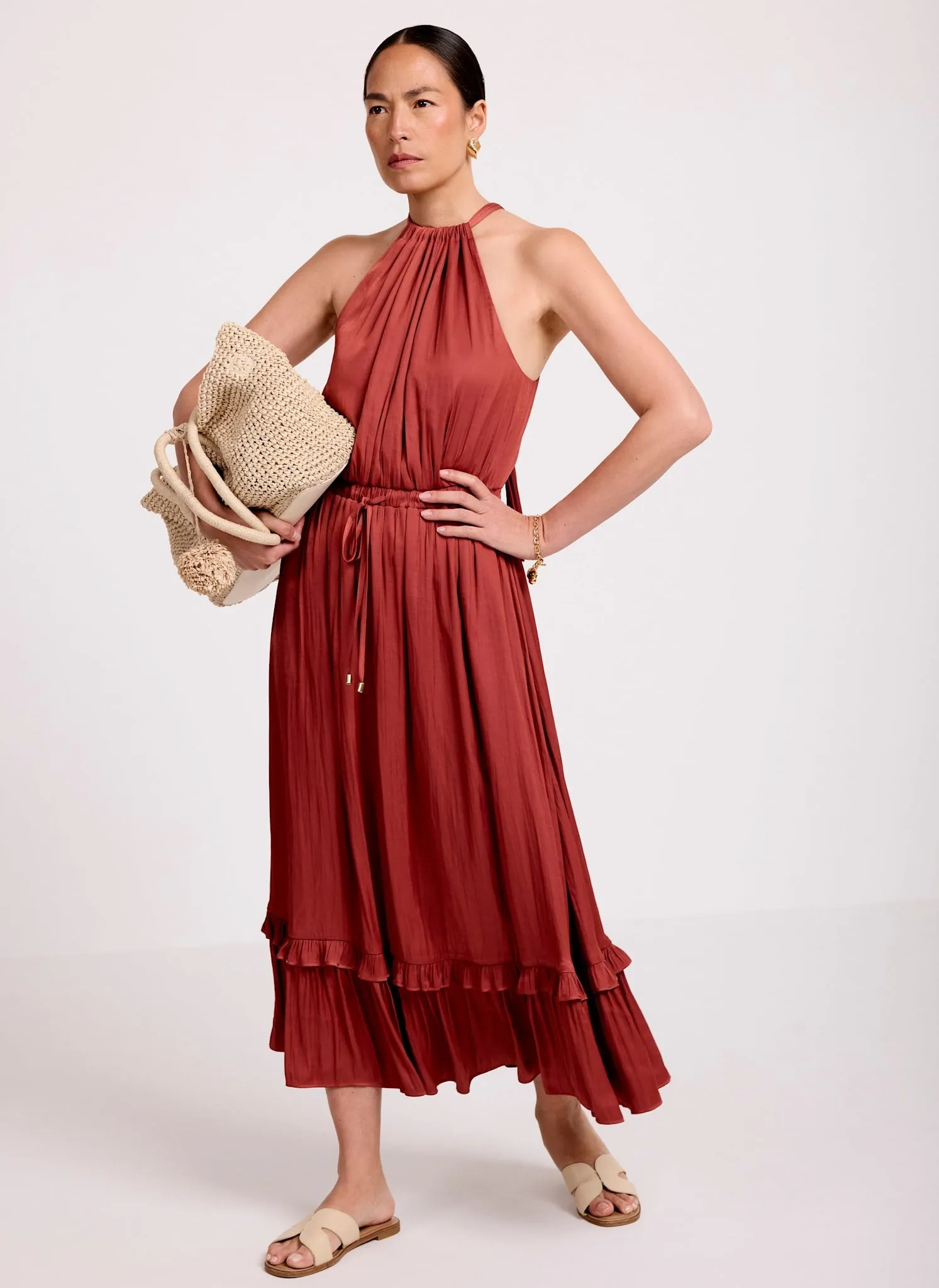 Rust Red Satin Halter Midi Dress sold by Mint Velvet