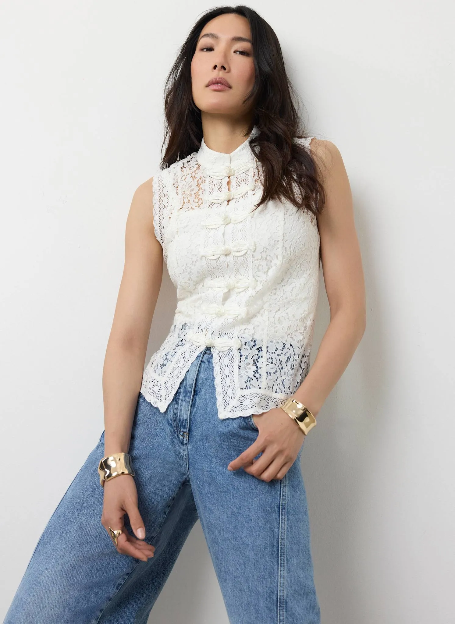 White Lace Stand Collar Top sold by Mint Velvet