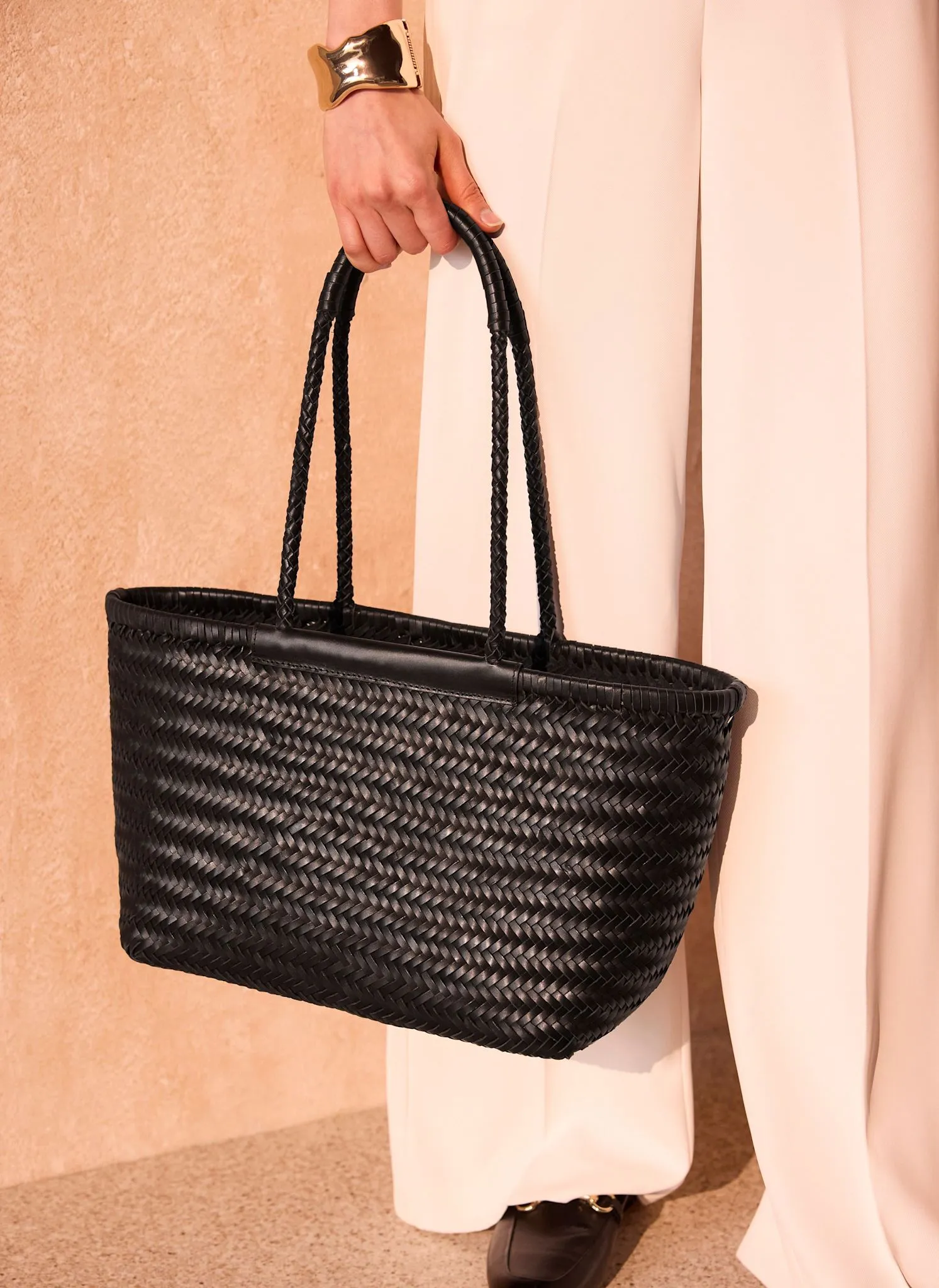 Rae Black Leather Woven Tote Bag sold by Mint Velvet