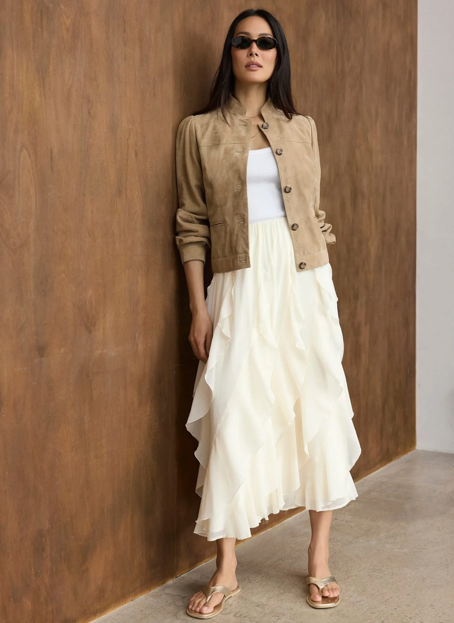 Cream Ruffle Midi Skirt sold by Mint Velvet
