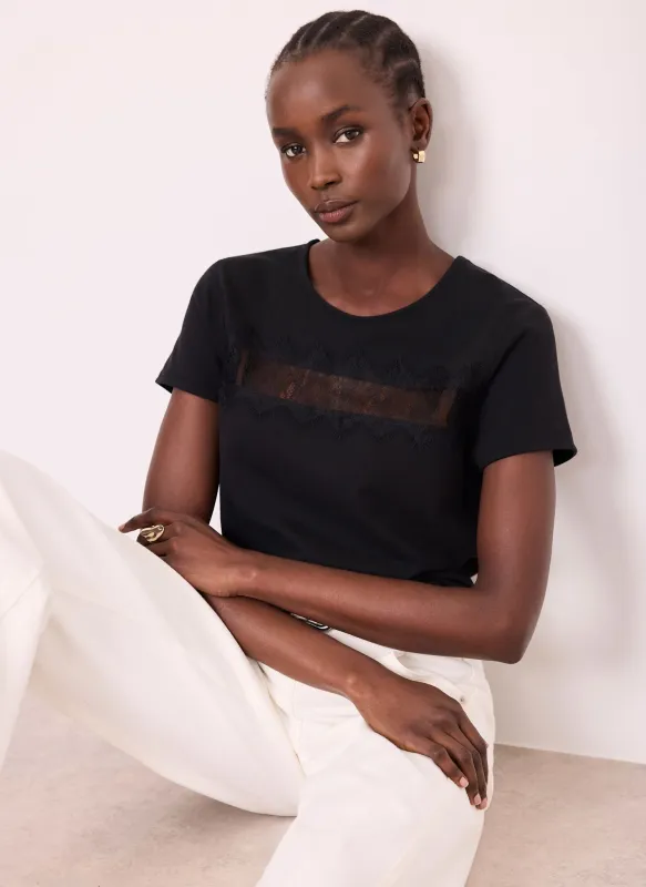 Black Lace Trim T-Shirt made by Mint Velvet