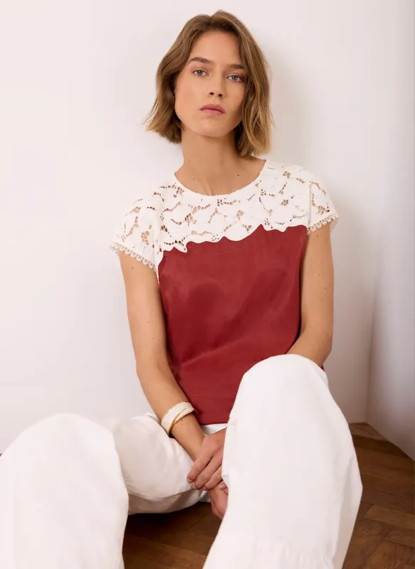 Rust Red Satin Lace Top made by Mint Velvet