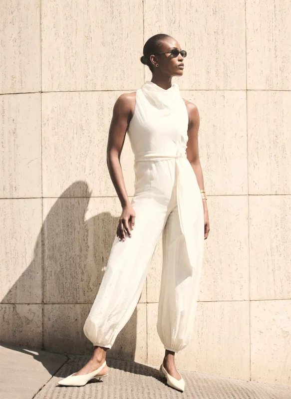 Cream Sleeveless Belted Balloon Jumpsuit made by Mint Velvet