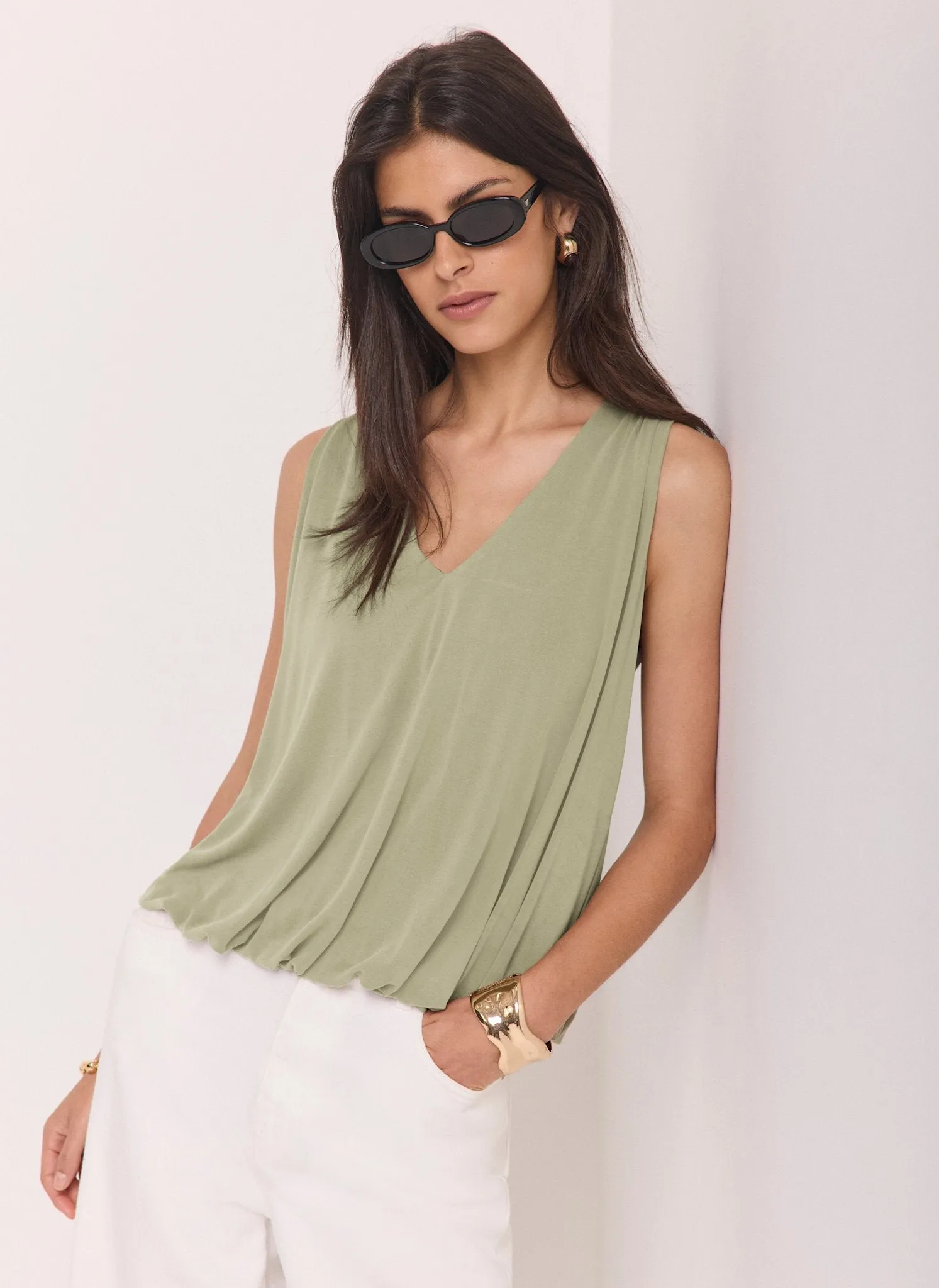 Khaki V Neck Bubble Hem Top sold by Mint Velvet