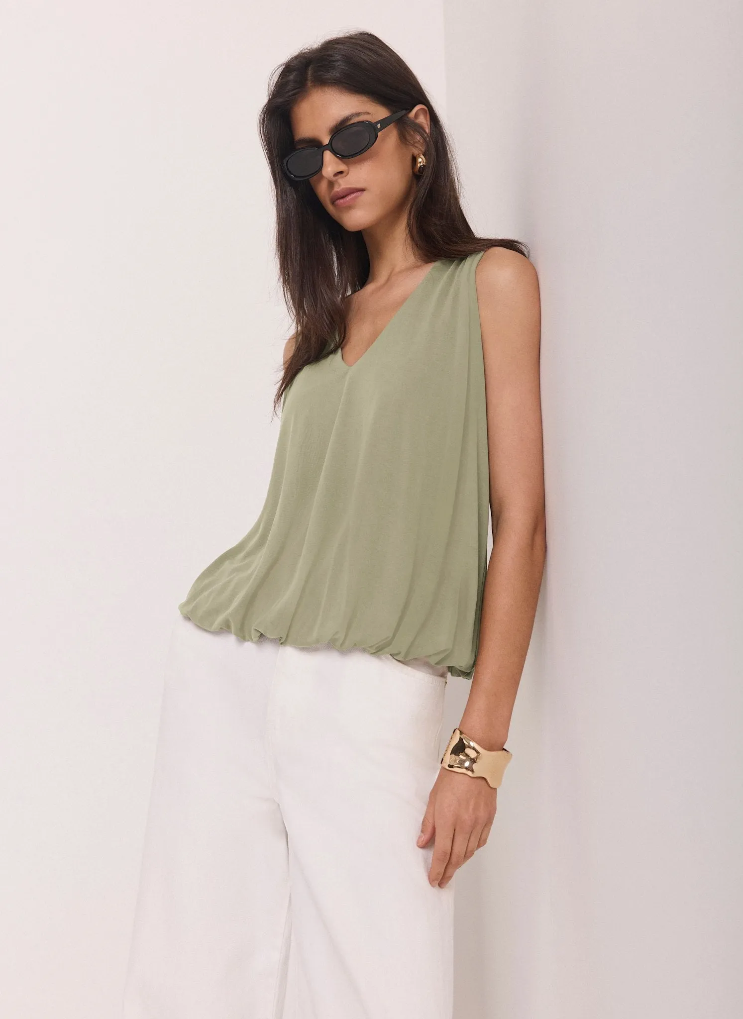 Khaki V Neck Bubble Hem Top sold by Mint Velvet product image thumbnail 2