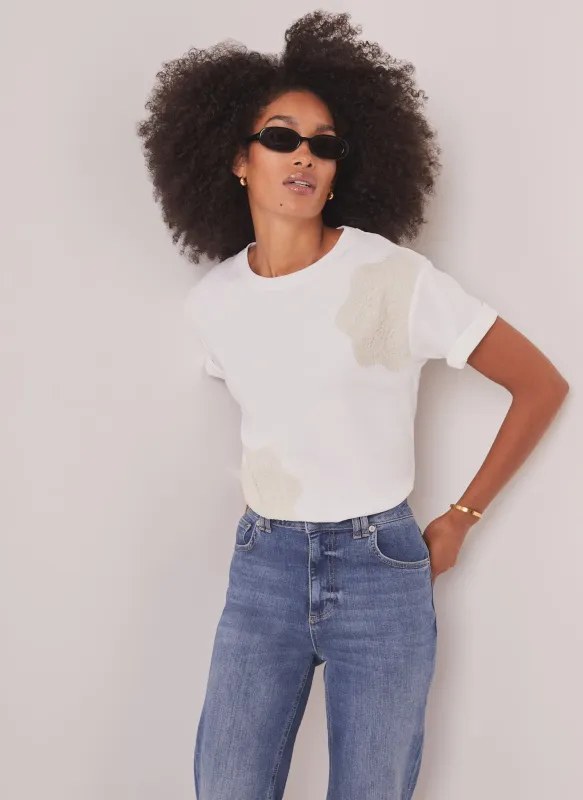 White Cotton Crochet Detail T-Shirt made by Mint Velvet