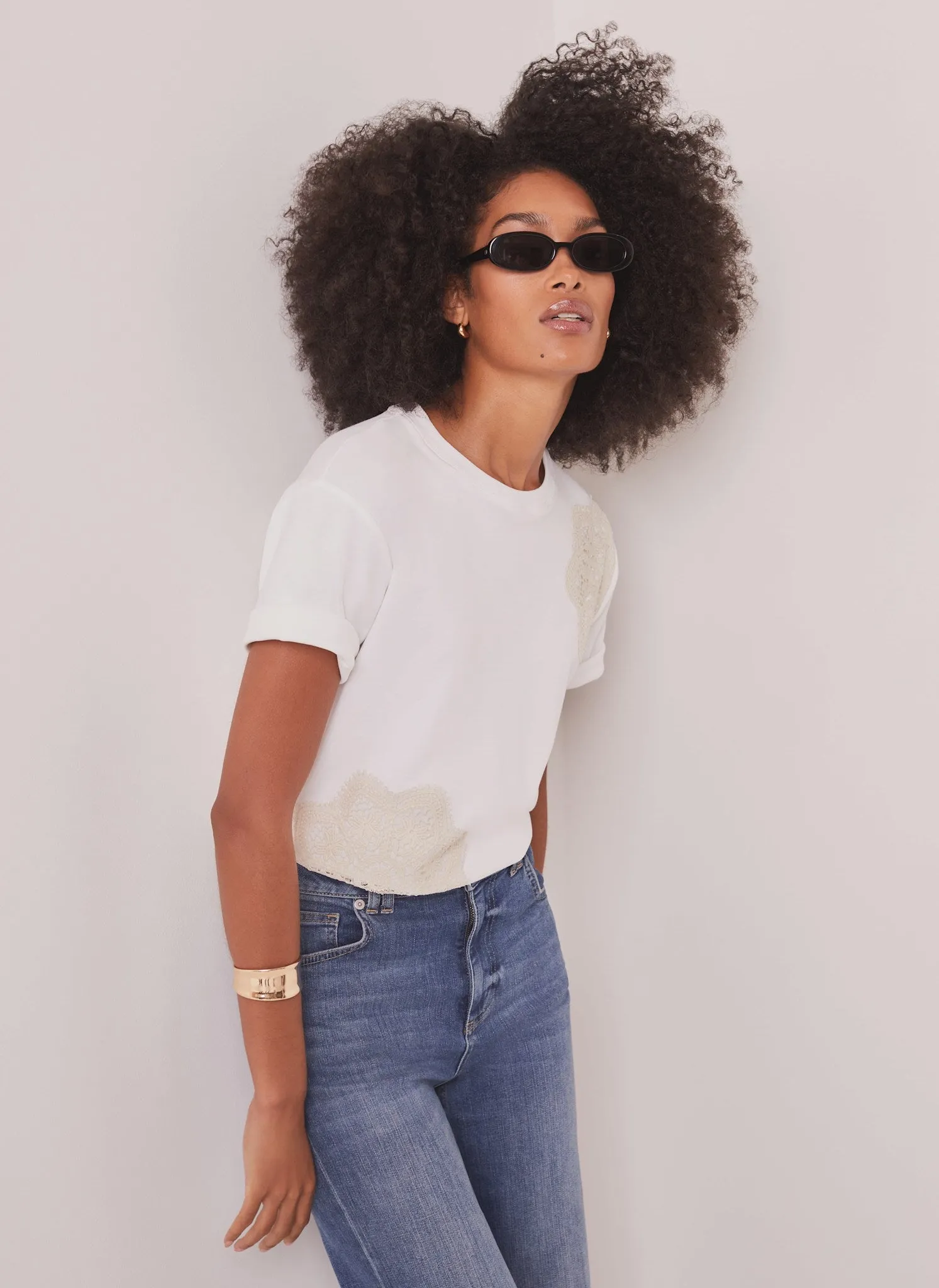 White Cotton Crochet Detail T-Shirt sold by Mint Velvet product image thumbnail 2