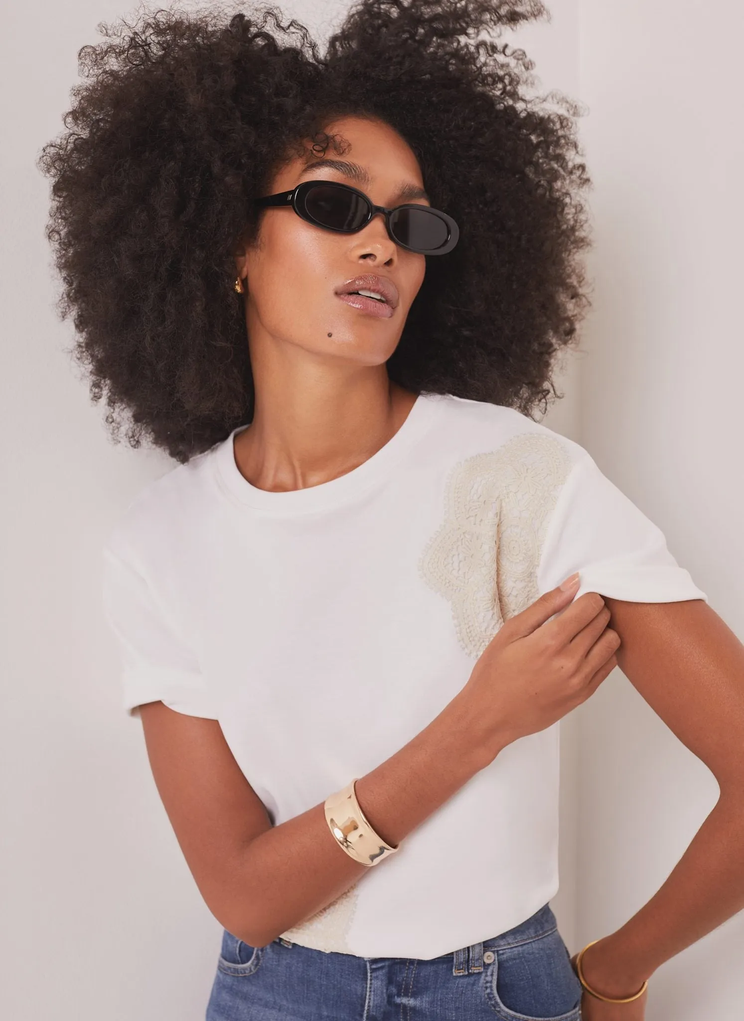 White Cotton Crochet Detail T-Shirt sold by Mint Velvet product image thumbnail 5
