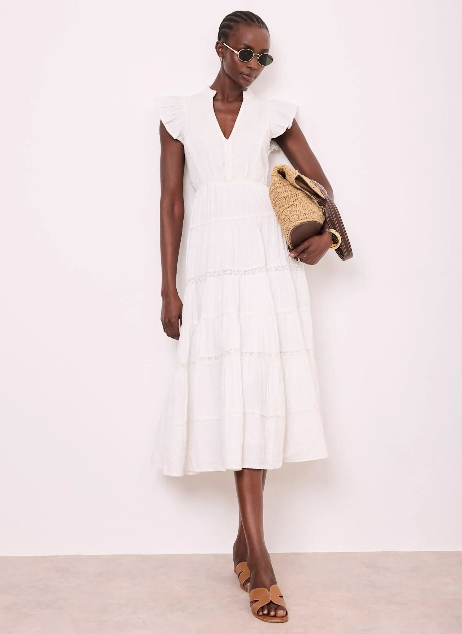 White Cotton Cheesecloth Tiered Midi Dress sold by Mint Velvet