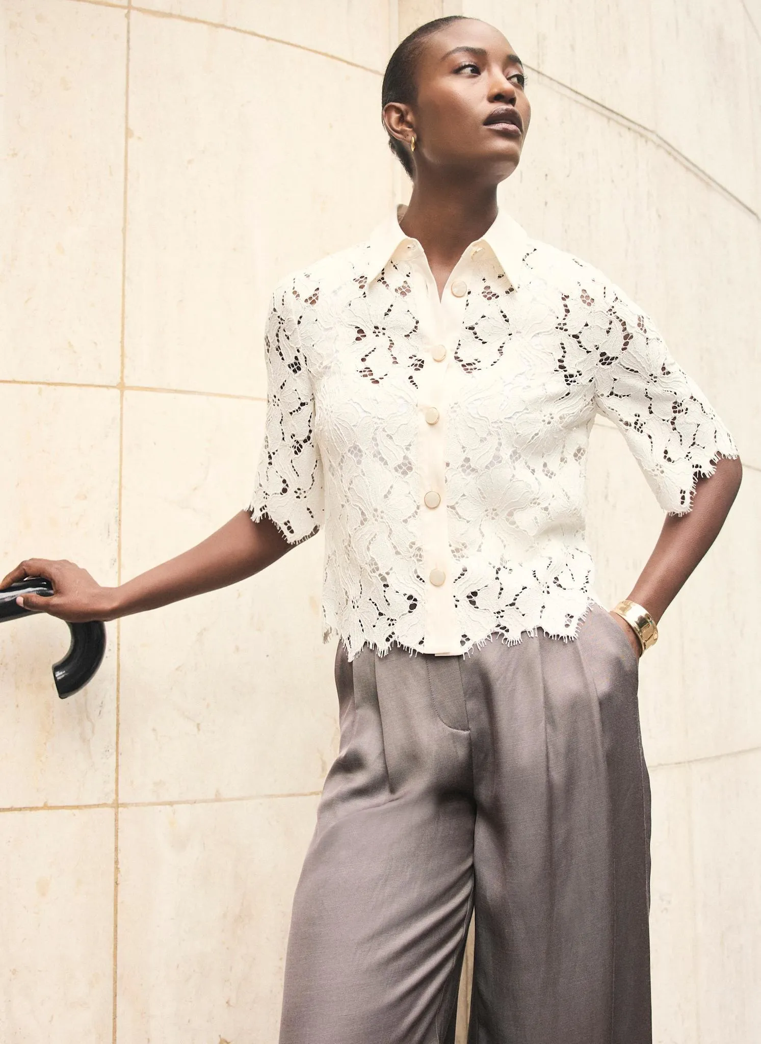 White Lace Short Sleeve Cropped Shirt sold by Mint Velvet product image thumbnail 3