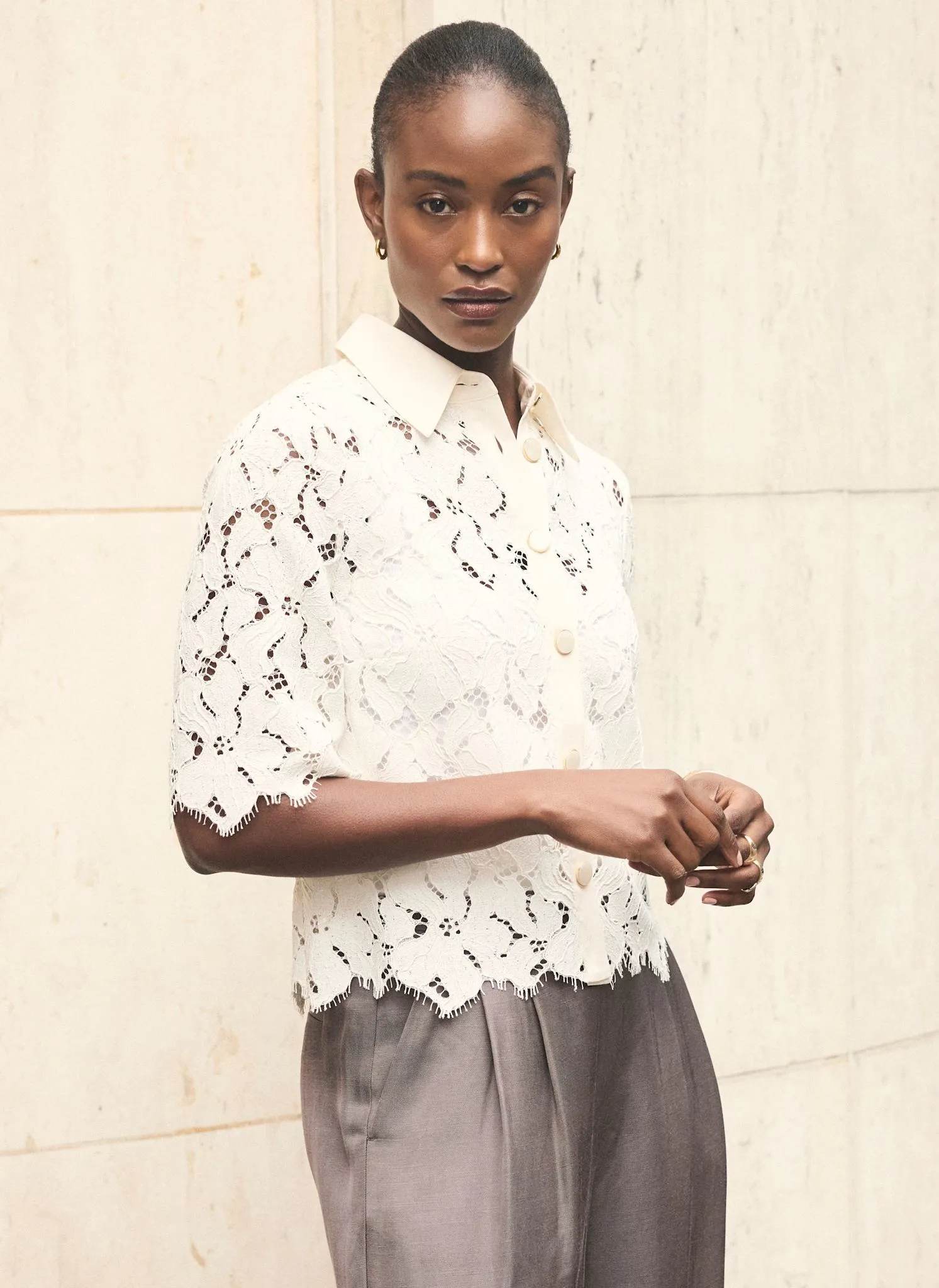 White Lace Short Sleeve Cropped Shirt sold by Mint Velvet product image thumbnail 5