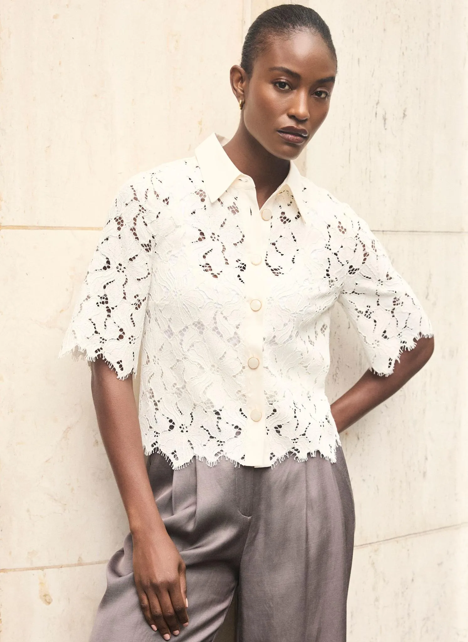 White Lace Short Sleeve Cropped Shirt sold by Mint Velvet