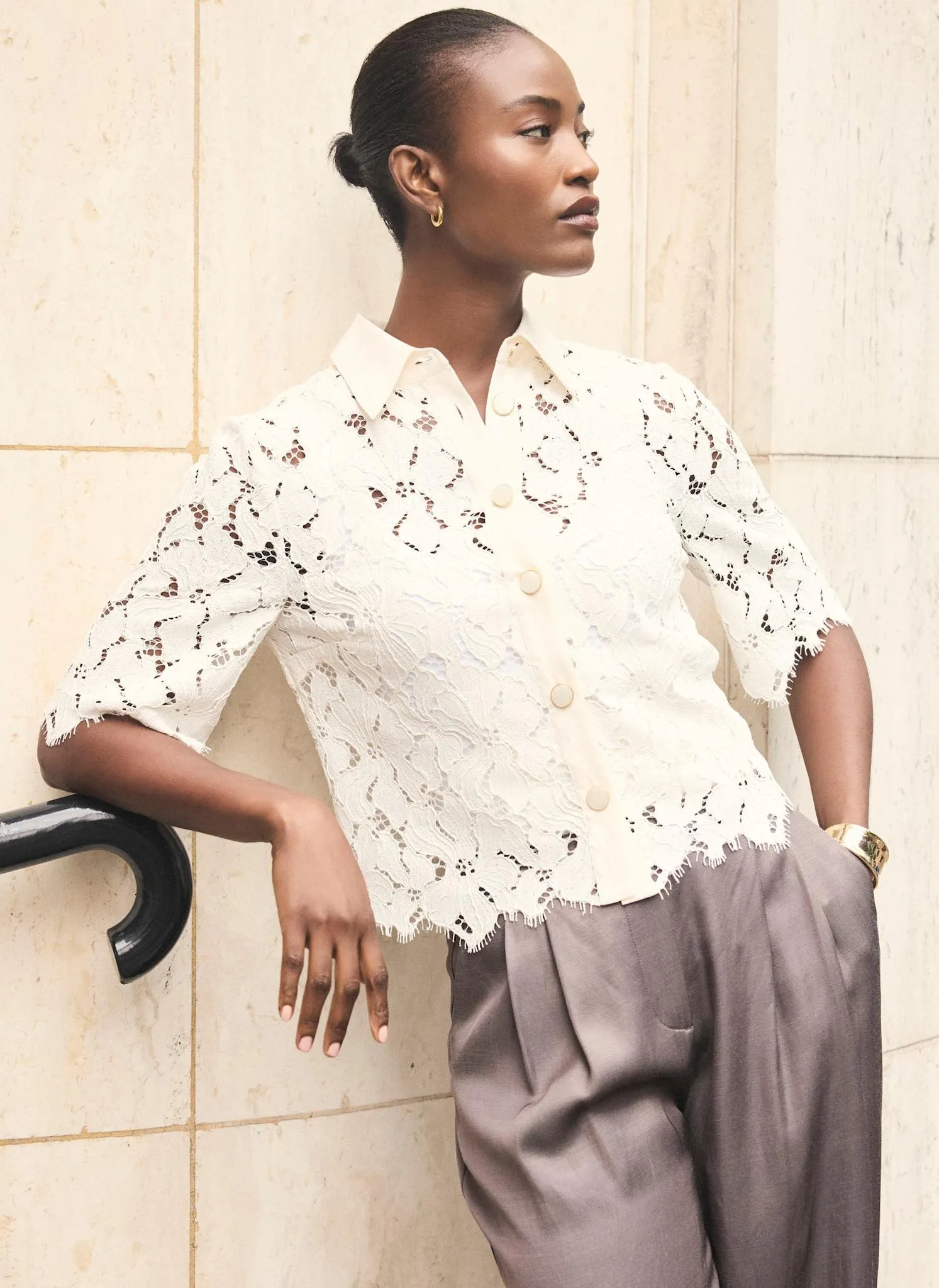 White Lace Short Sleeve Cropped Shirt sold by Mint Velvet product image thumbnail 2